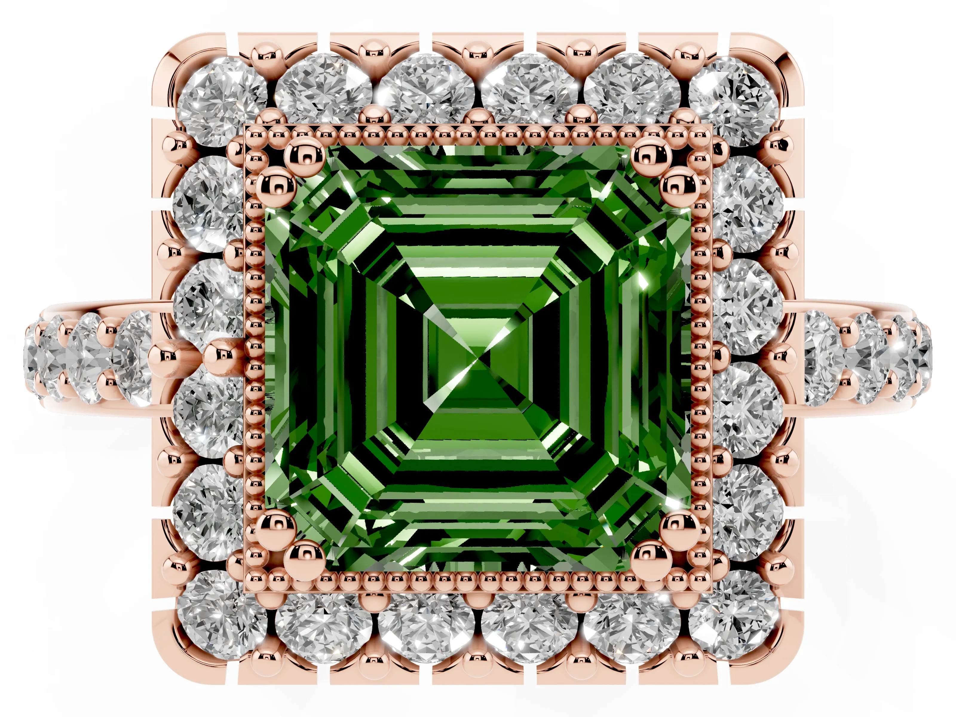 Fancy Green Asscher Cut Diamond Halo Ring Set in Rose gold with Pavé Shank and Prong Setting