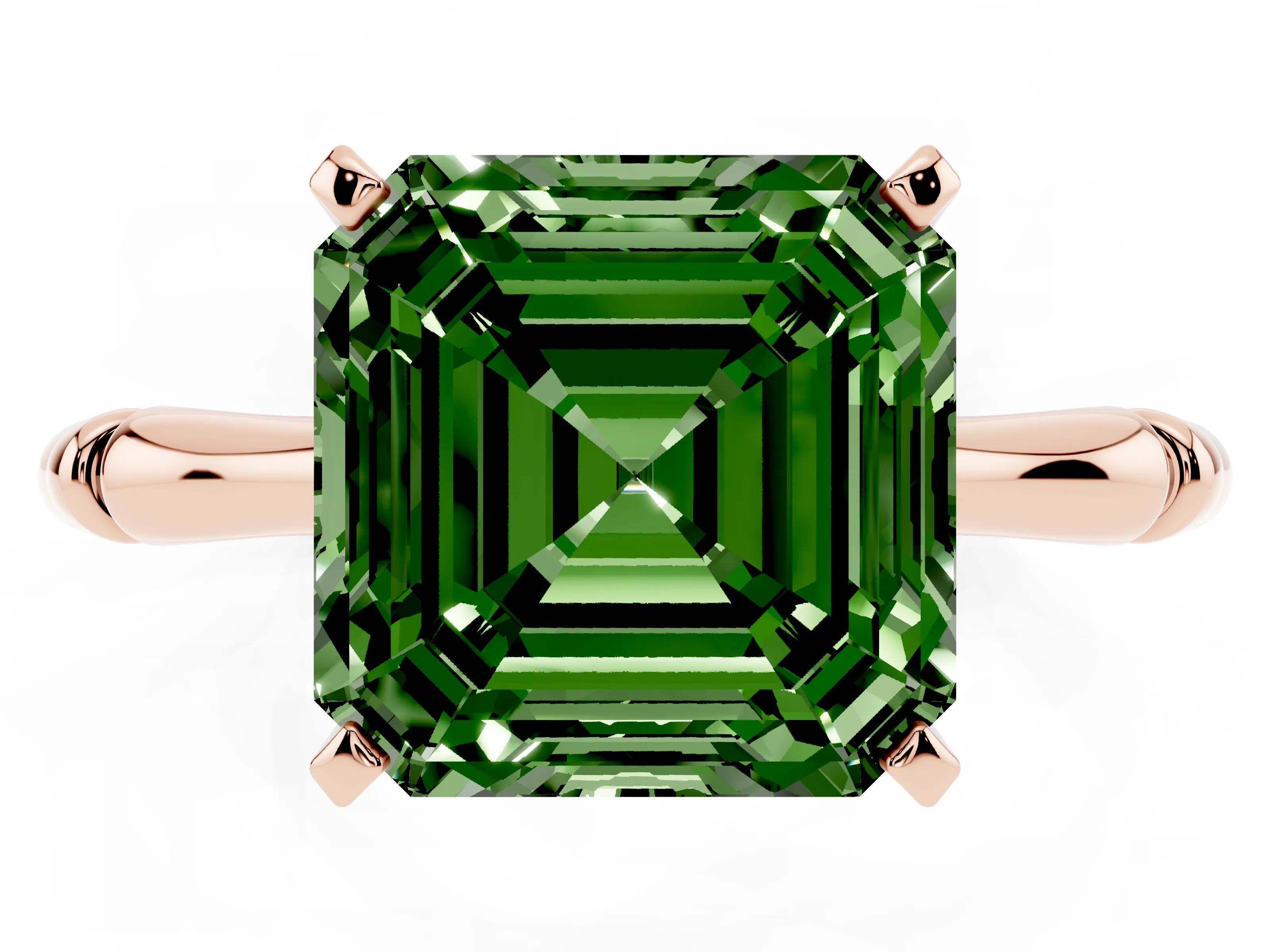 Fancy Green Asscher Cut Diamond Solitaire Ring Set in Rose gold with Bamboo Band and Prong Setting