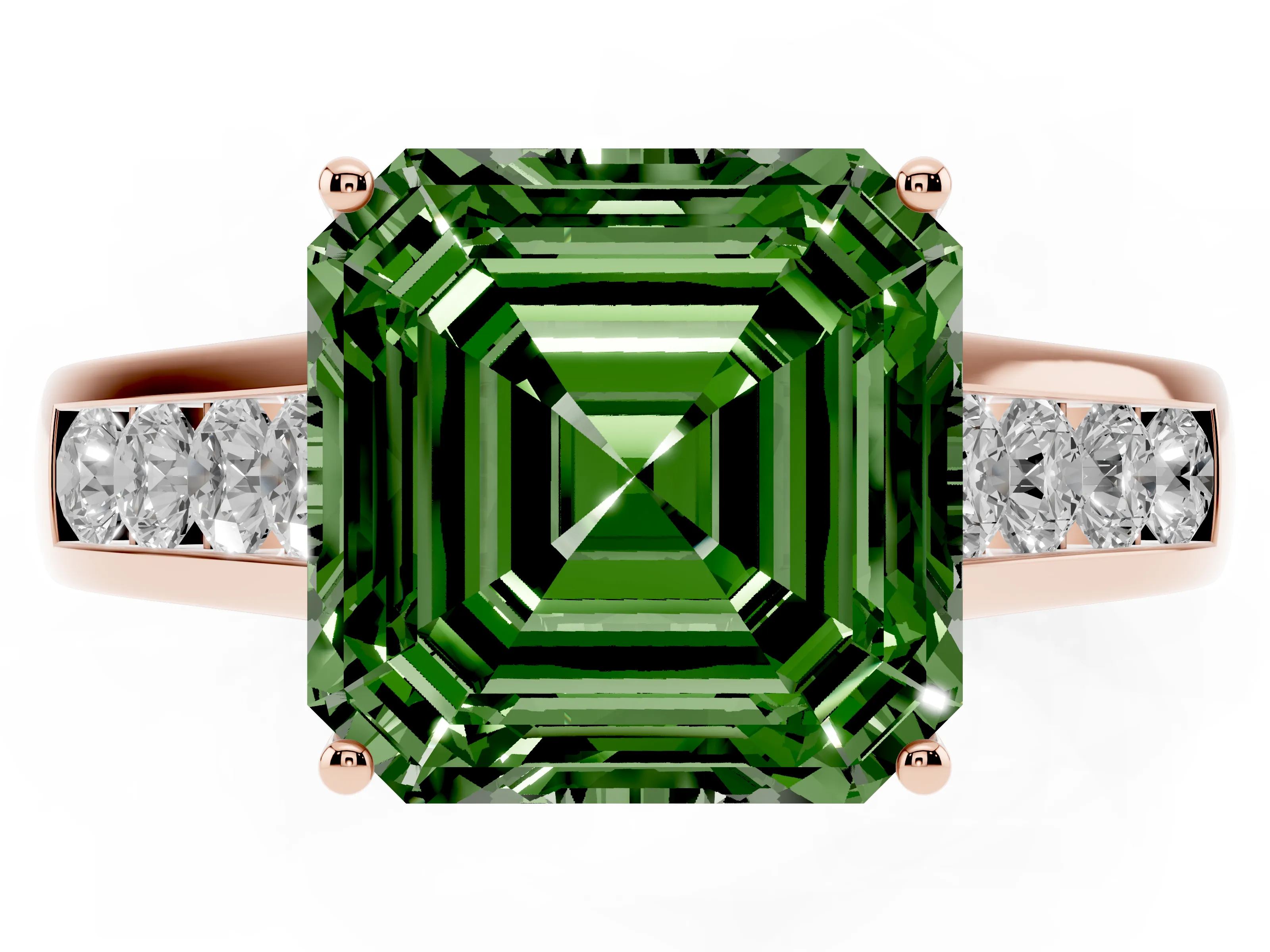 Fancy Green Asscher Cut Diamond Brilliant Channel-Set Solitaire Ring Set in Rose gold with Prong Setting