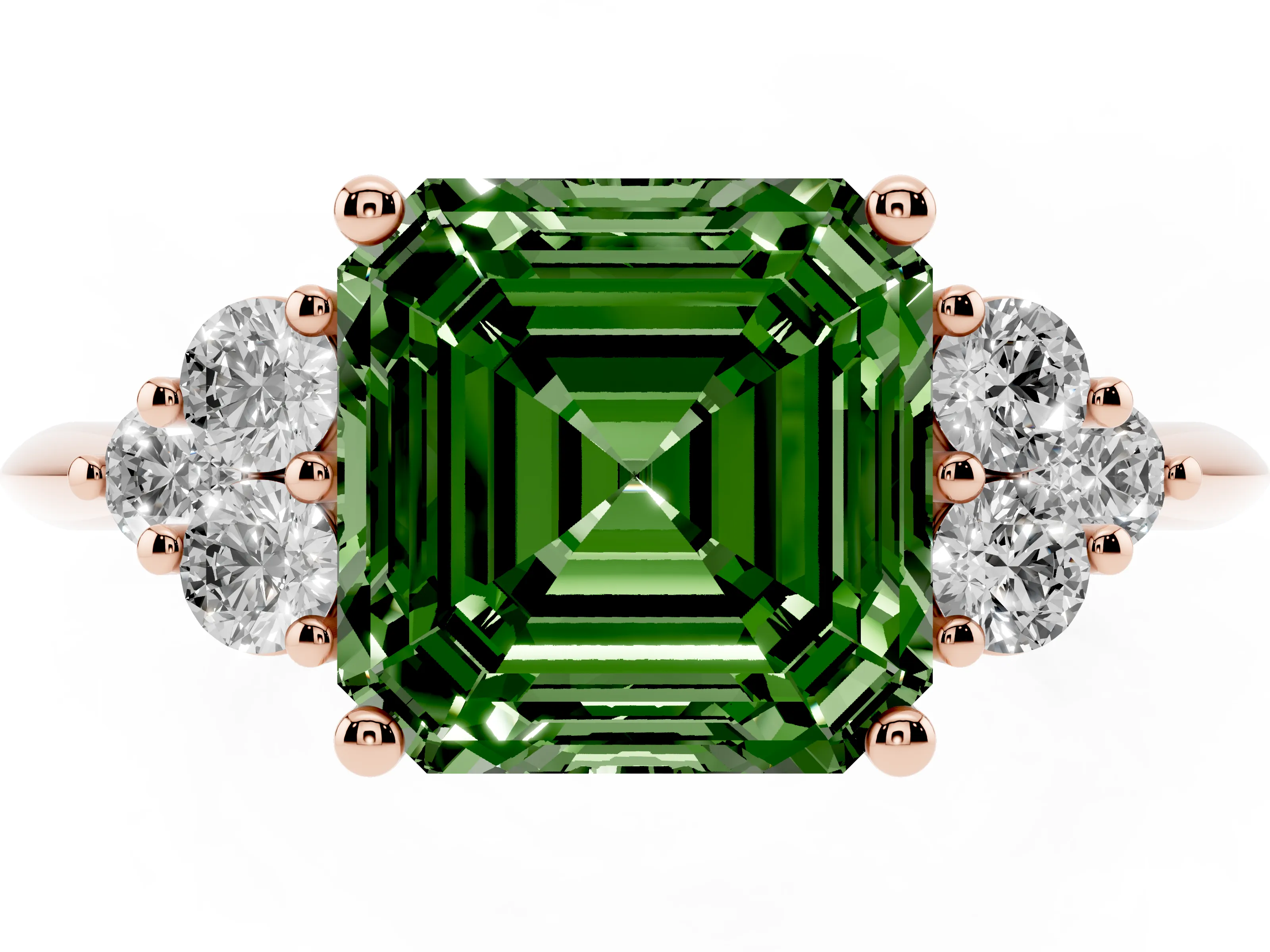 Fancy Green Asscher Cut Diamond Cluster Ring Set in Rose gold with Plain Band and Prong Setting