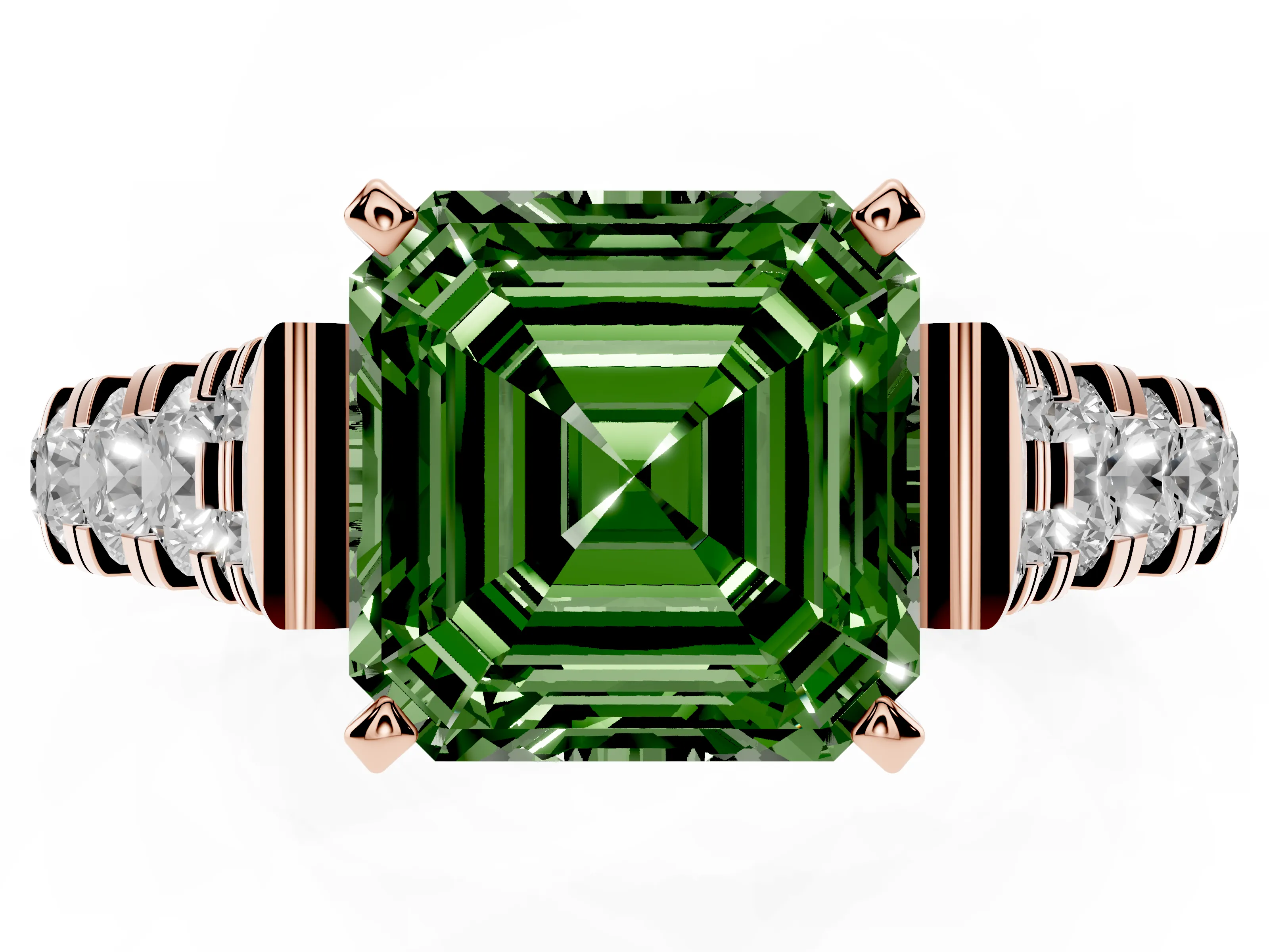 Fancy Green Asscher Cut Diamond Classic Solitaire Ring Set in Rose gold with Pavé Band and Prong Setting