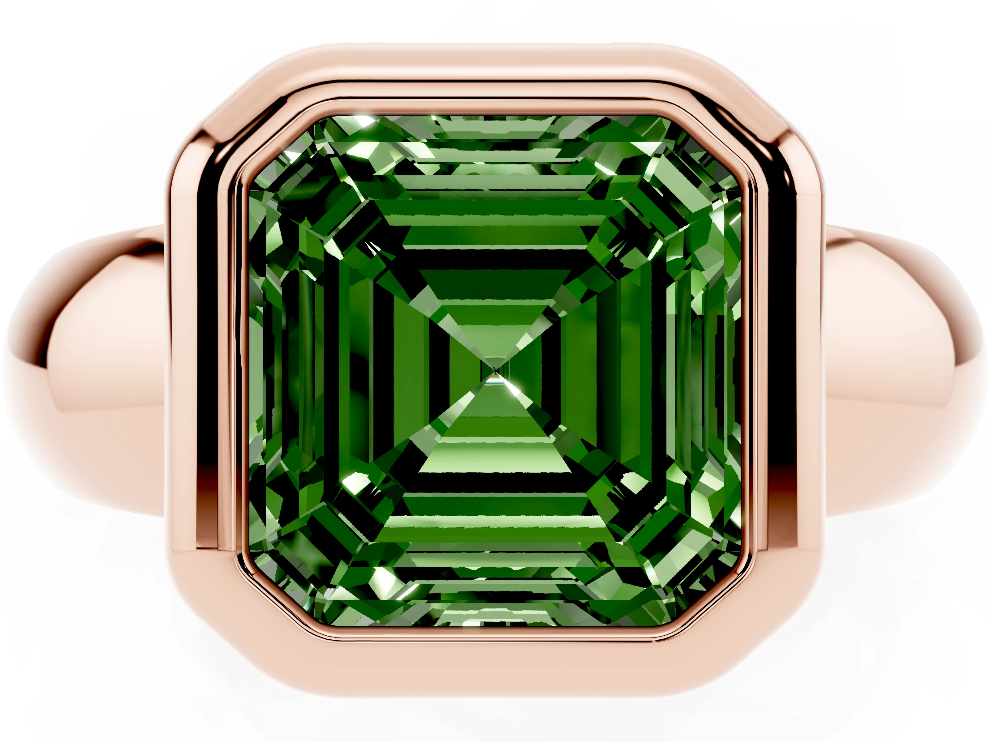 Fancy Green Bezel Set Asscher Cut Diamond Solitaire Ring Set in Rose gold with Wide Band