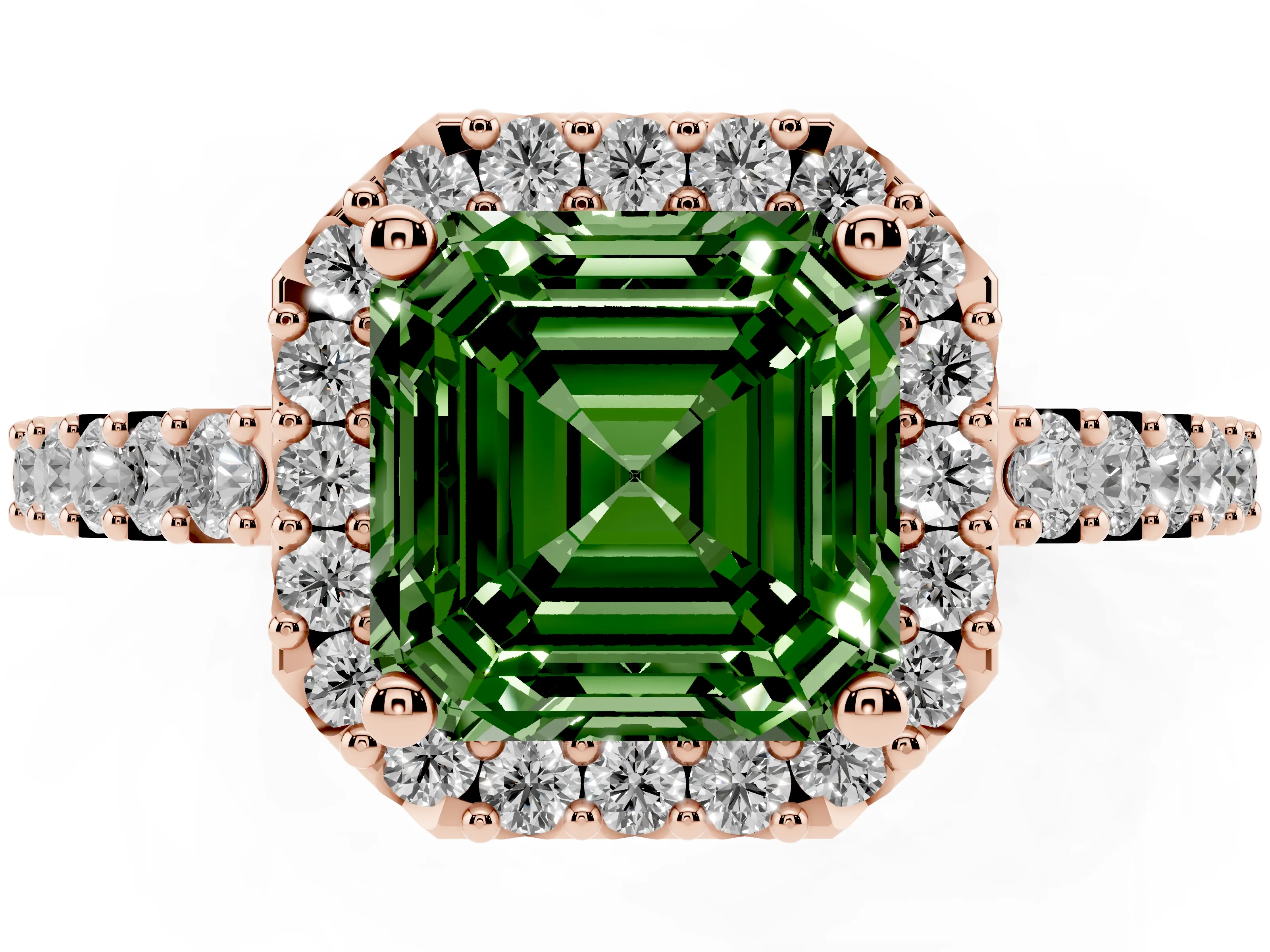 Fancy Green Asscher Cut Diamond Halo Pavé Solitaire Ring Set in Rose gold with Prong-Set Center Stone