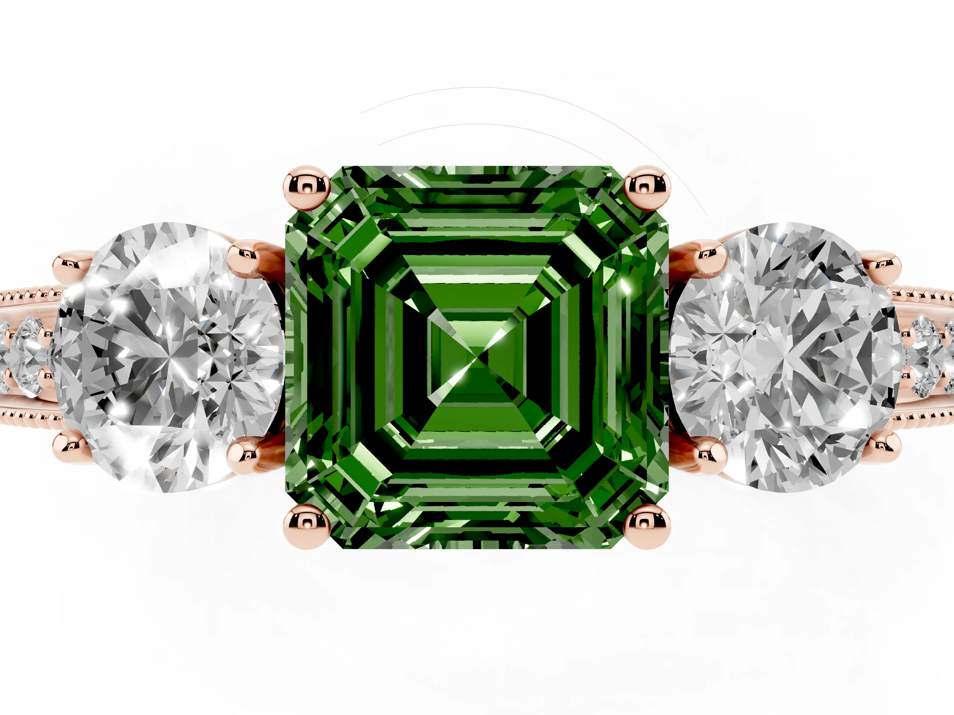 Fancy Green Asscher Cut Diamond Three-Stone Ring Set in Rose gold with Round Side Stones and Pavé Band