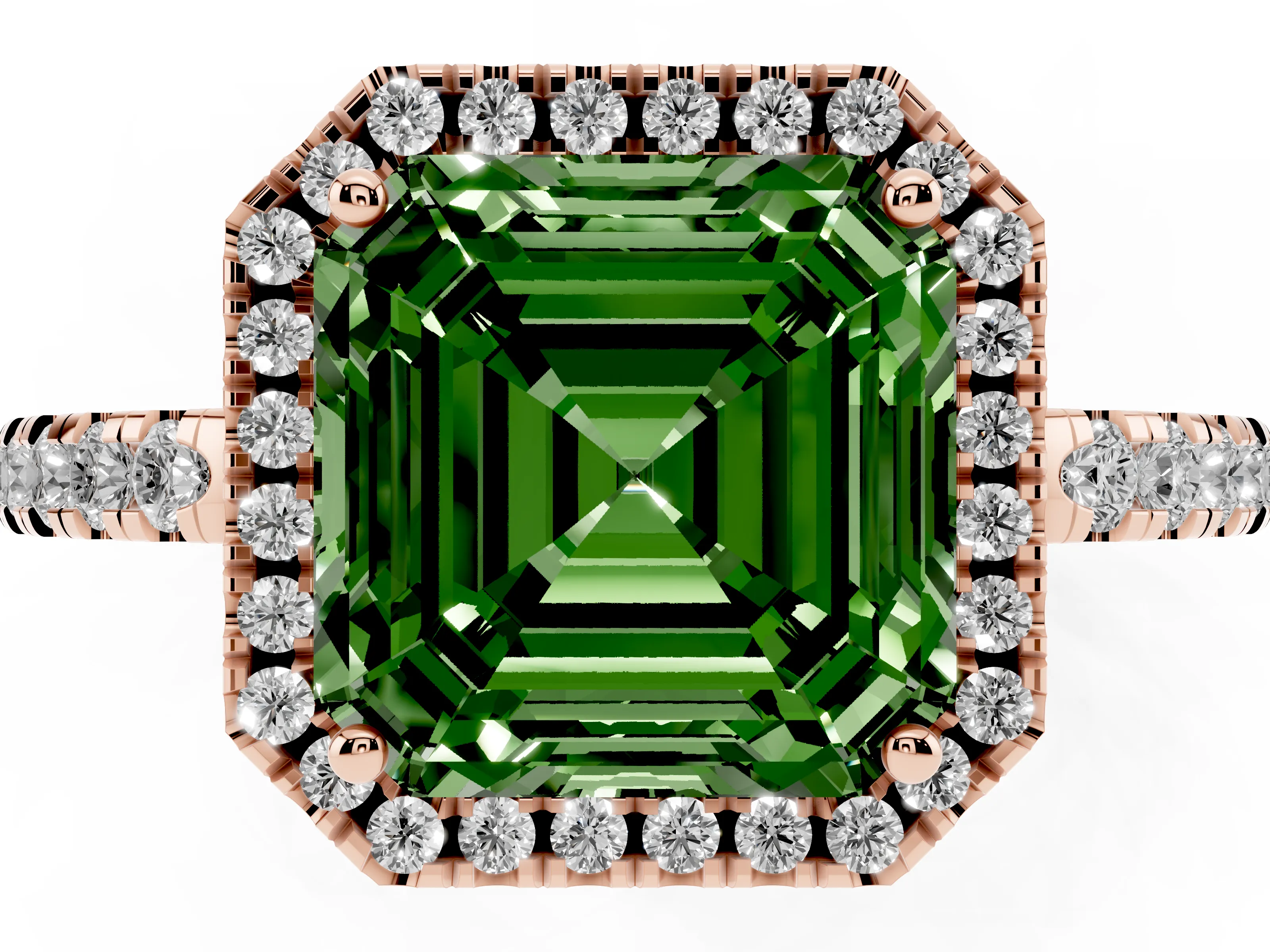 Fancy Green Asscher Cut Diamond Pavé Band Halo Engagement Ring Set in Rose gold with Prong Setting