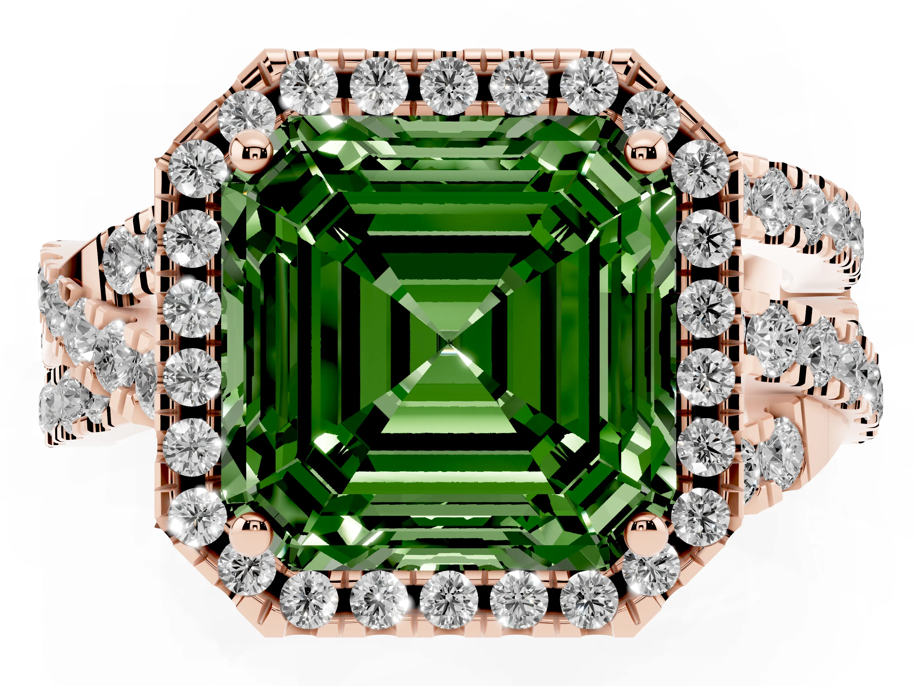 Fancy Green Asscher Cut Diamond Halo Ring Set in Rose gold with Round Crossover Split Shank and Prong Setting
