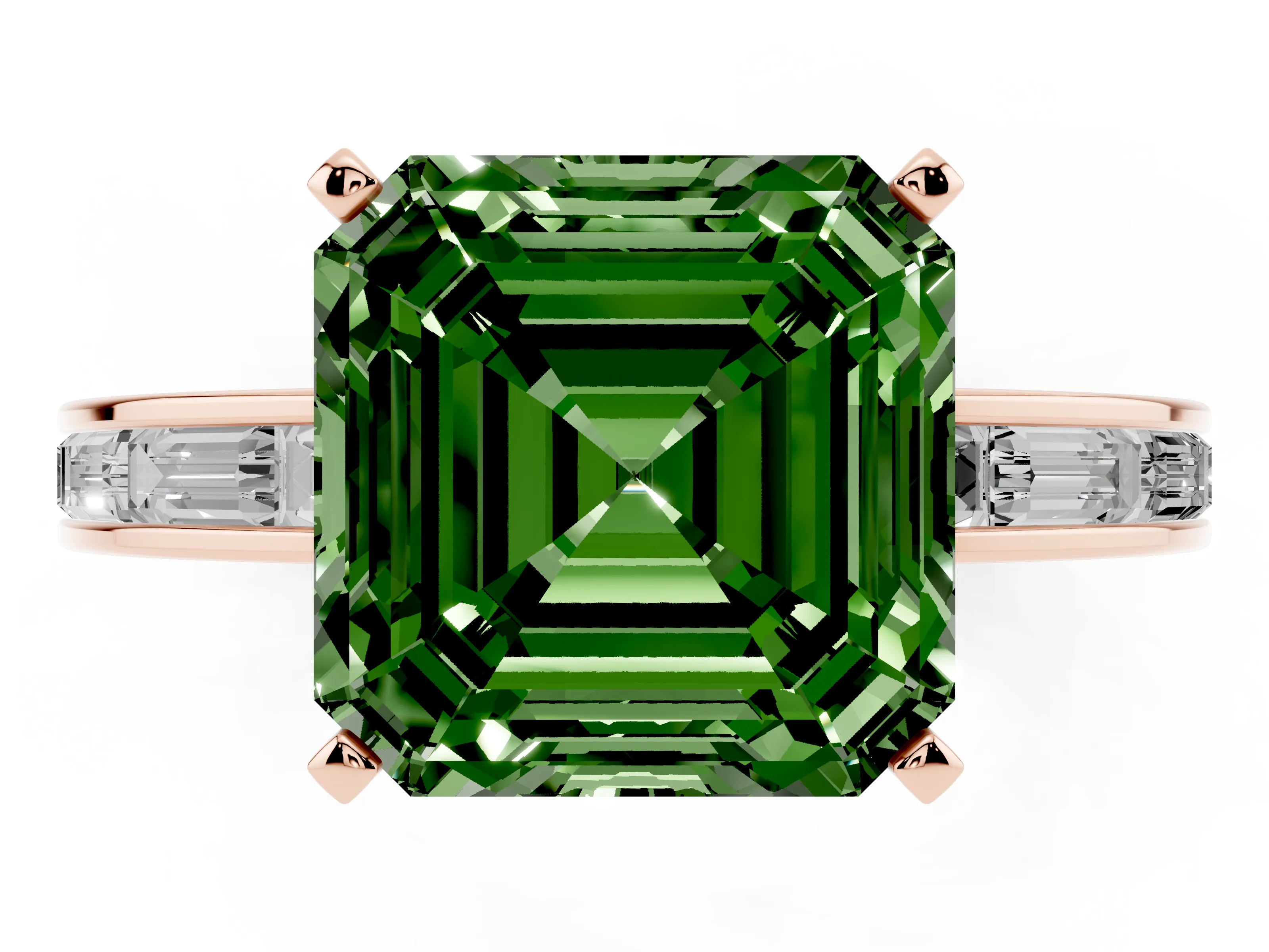 Fancy Green Asscher Cut Diamond Solitaire Ring Set in Rose gold with Channel-Set Baguette Band and Prong Setting
