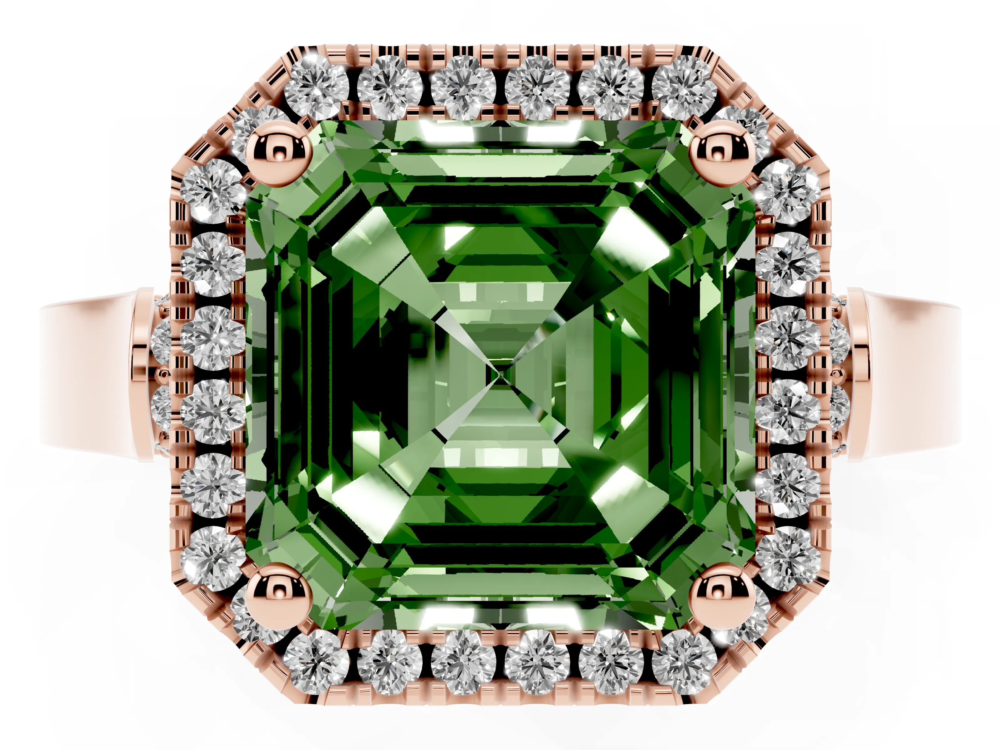 Fancy Green Asscher Cut Diamond Halo Ring Set in Rose gold with Pavé-Lined Split Shank Band