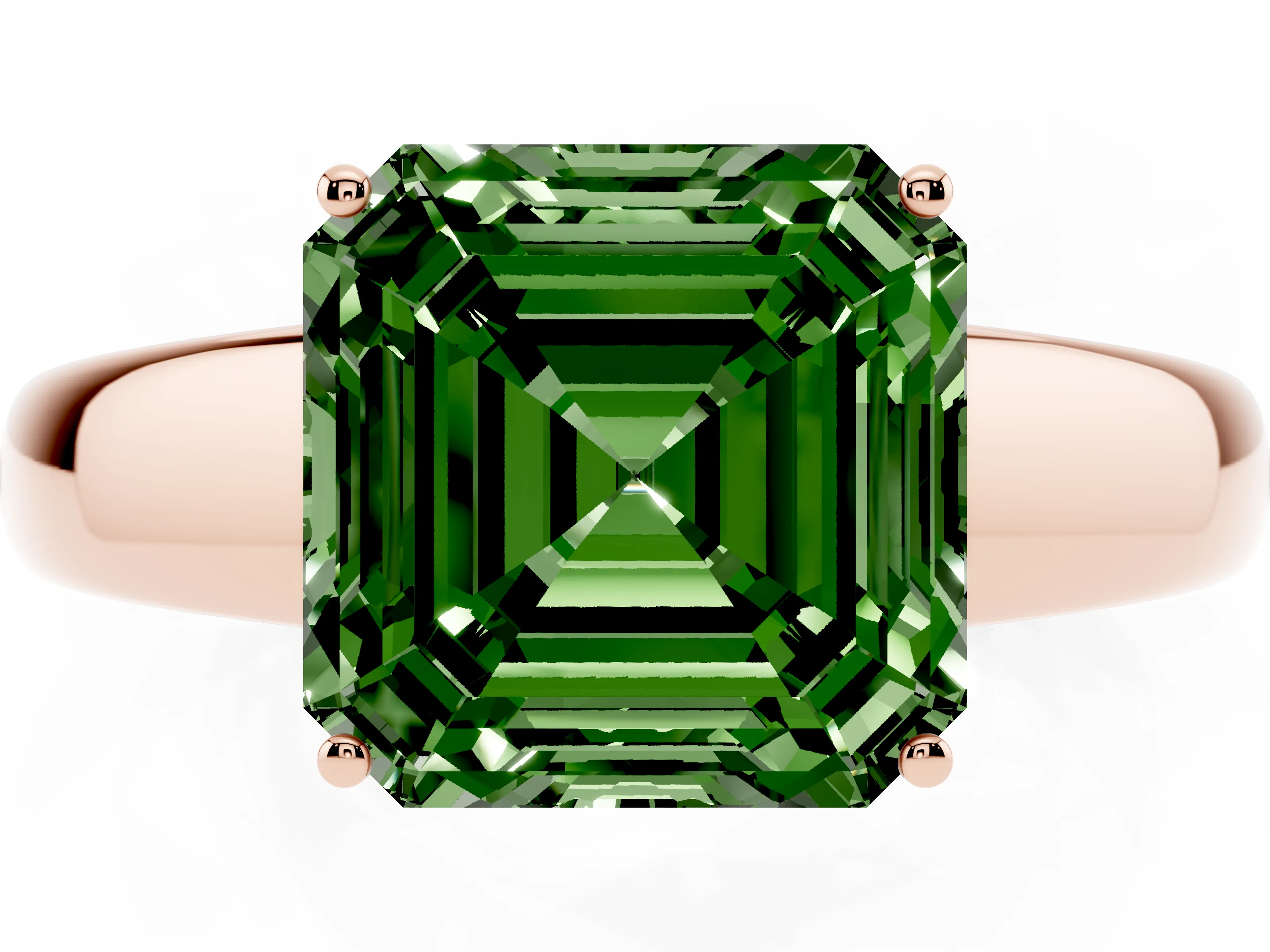 Fancy Green Asscher Cut Diamond Solitaire Ring Set in Rose gold with Tapered Band and Prong Setting