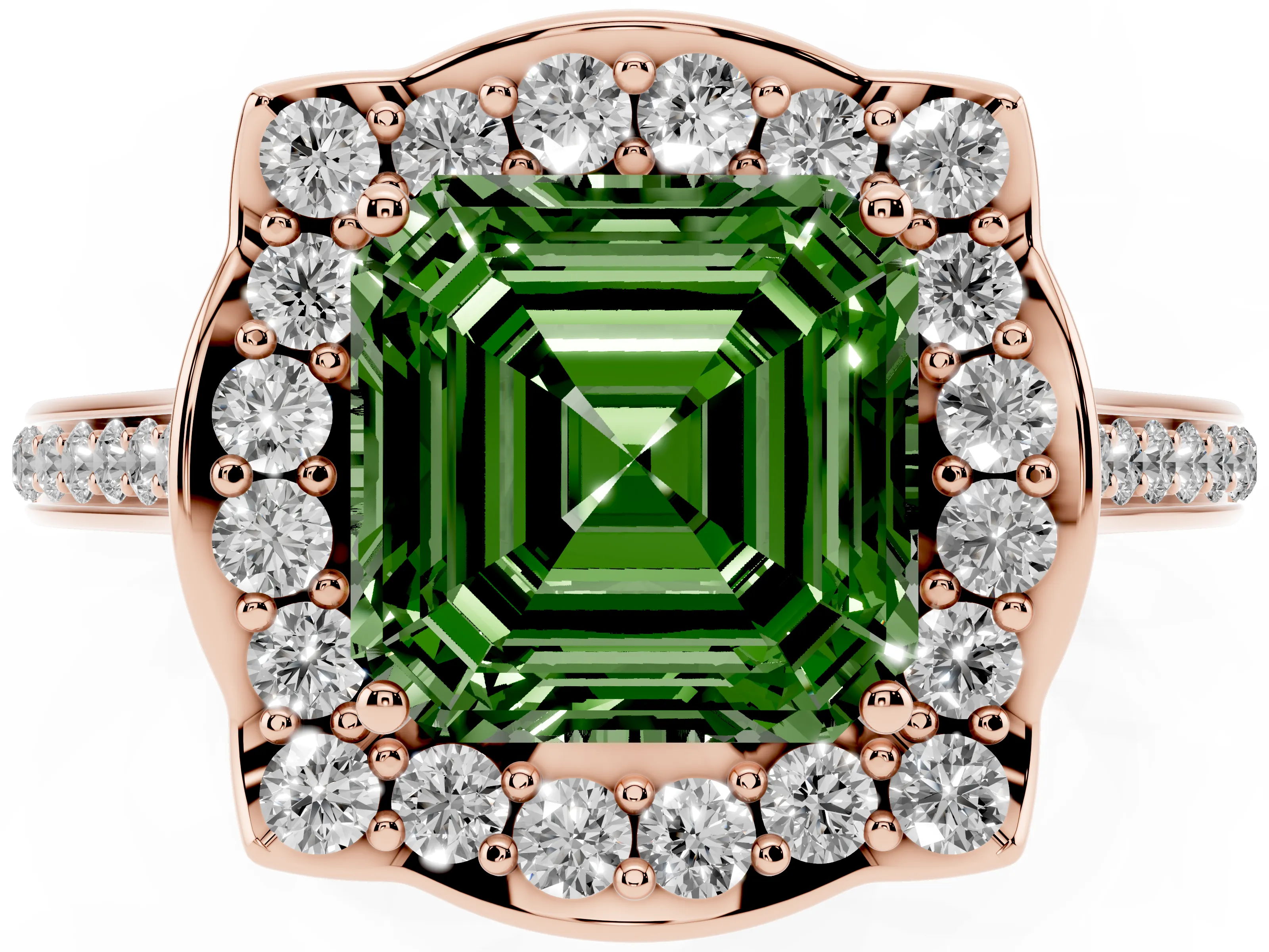 Fancy Green Asscher Cut Diamond Halo Ring Set in Rose gold with Pavé-Lined Shoulders and Prong Setting