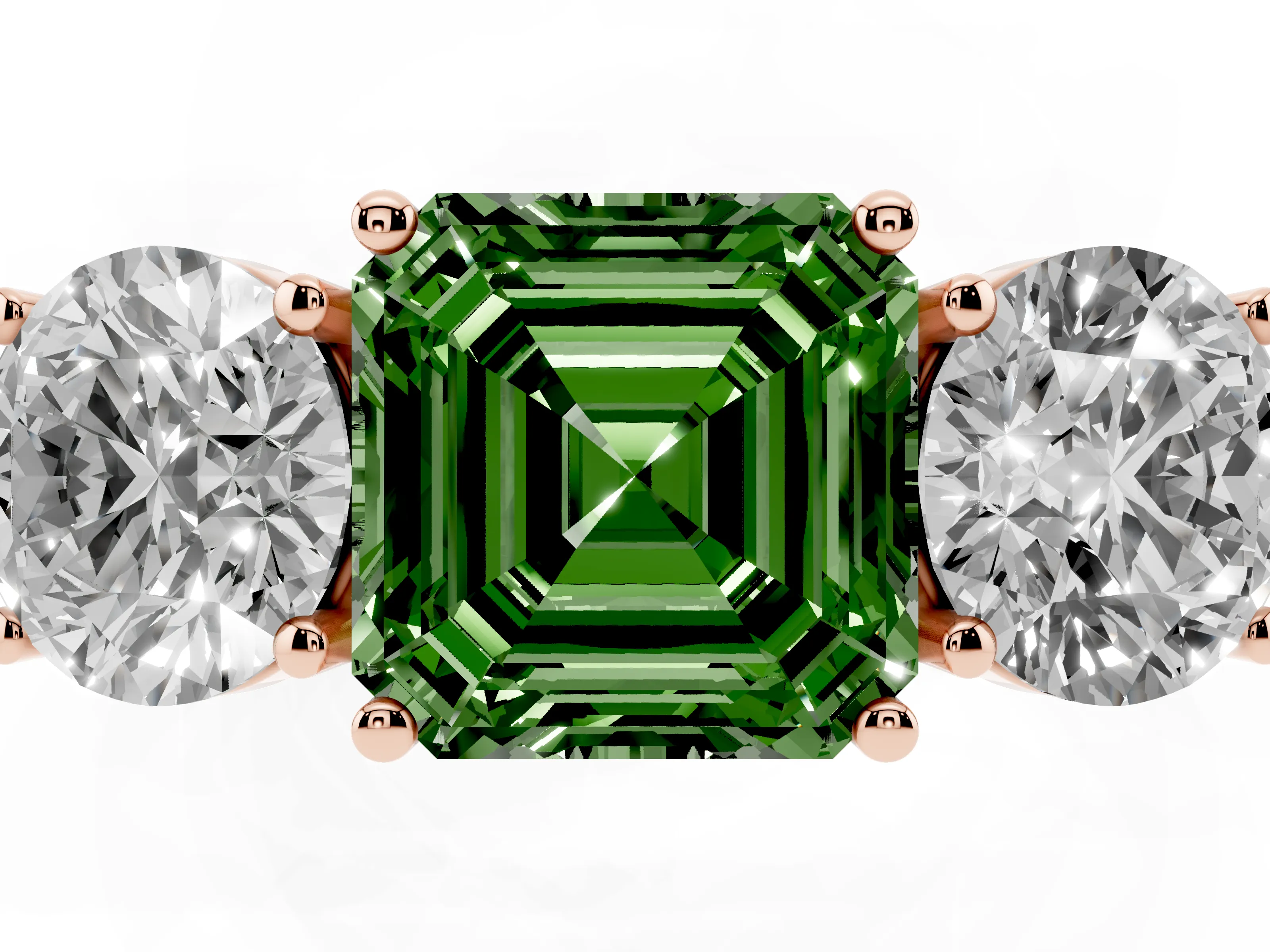 Fancy Green Asscher Cut Diamond Three-Stone Ring Set in Rose gold with Channel-Set Accent Band