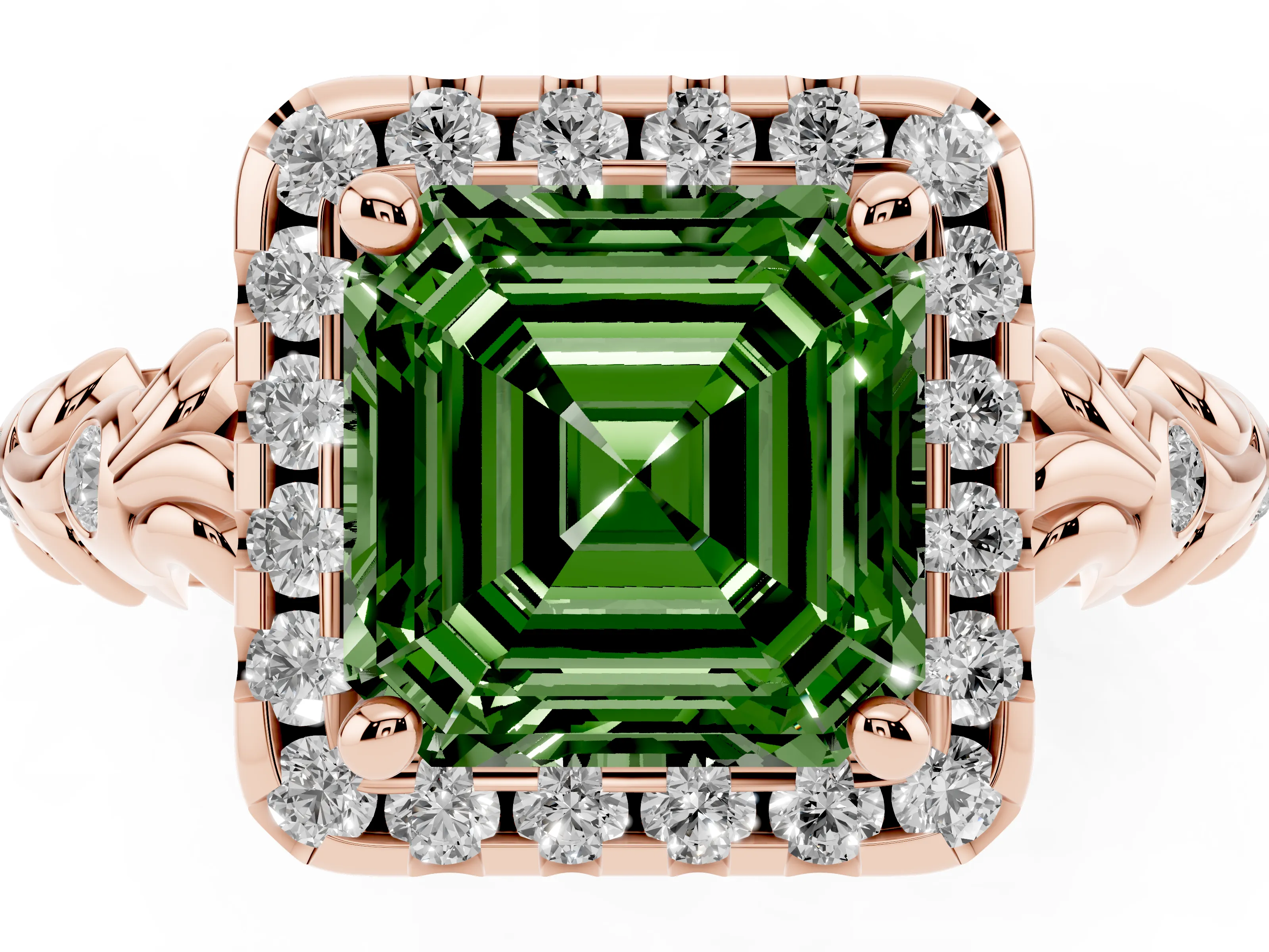 Fancy Green Asscher Cut Diamond Halo Ring Set in Rose gold with Filigree Leaf Band and Prong Setting