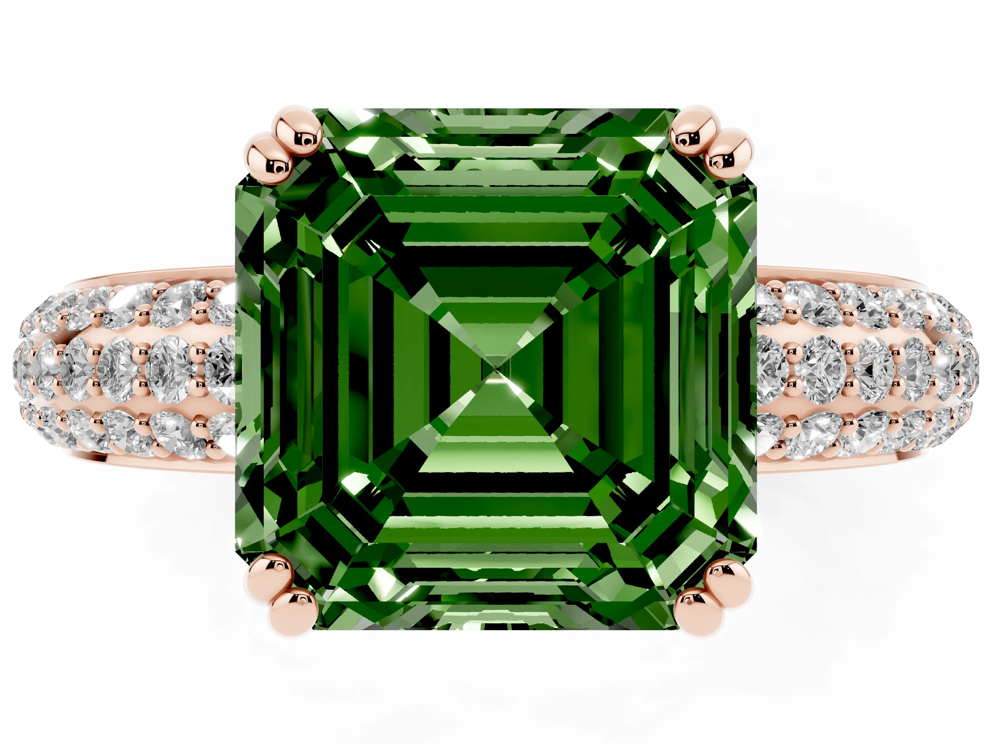 Fancy Green Asscher Cut Diamond Solitaire Ring Set in Rose gold with Multi-Row Round Pavé Band and Prong Setting