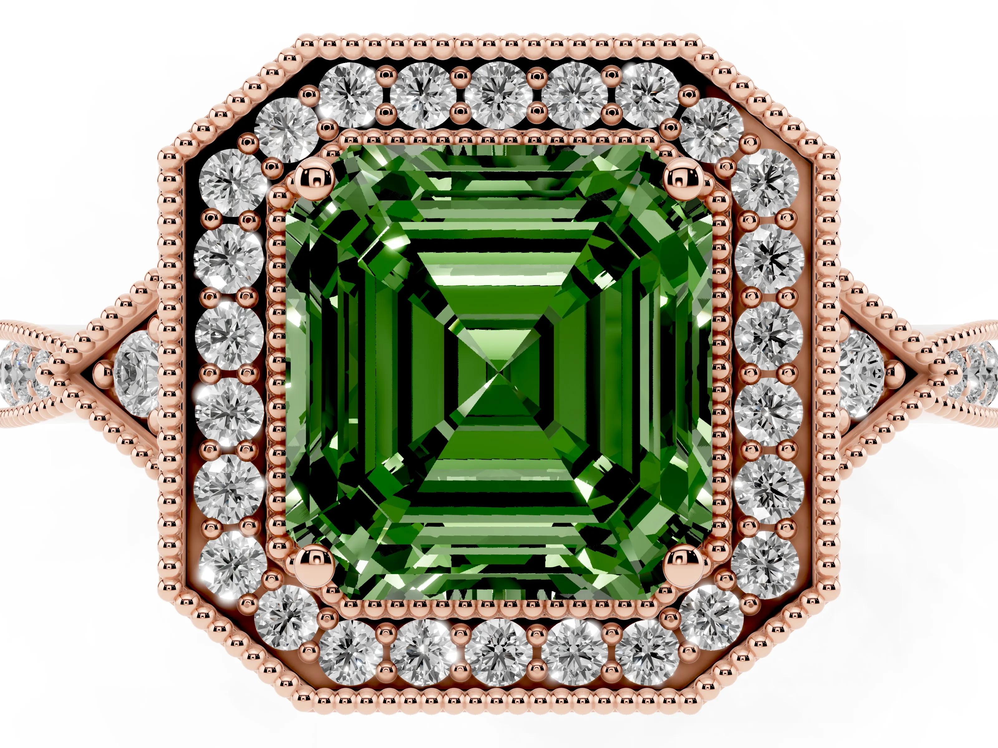 Fancy Green Asscher Cut Diamond Halo Engagement Ring Set in Rose gold with Milgrain Pavé Band