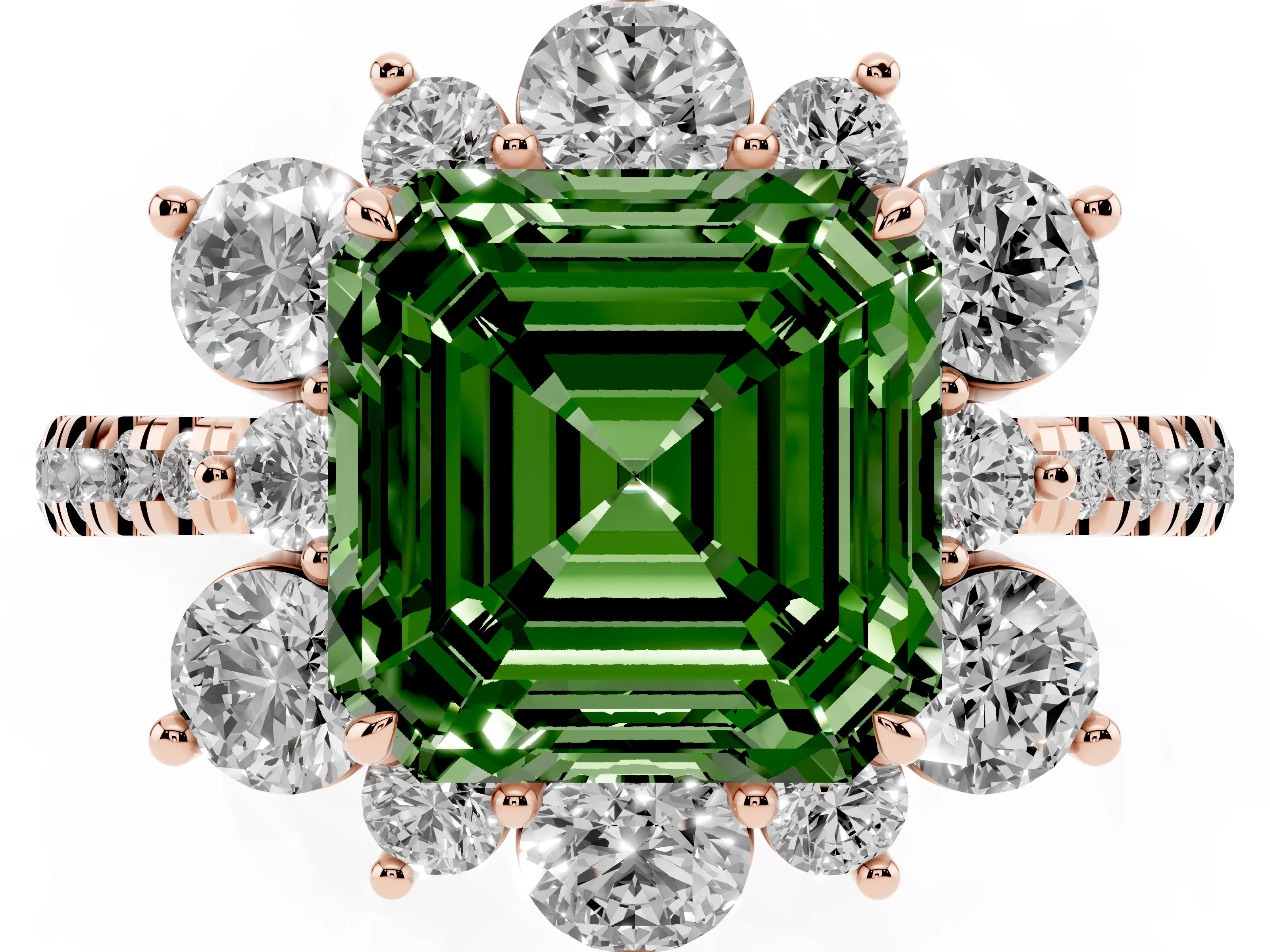 Fancy Green Asscher Cut Diamond Floral Halo Ring Set in Rose gold with Round Pavé Band and Prong Setting