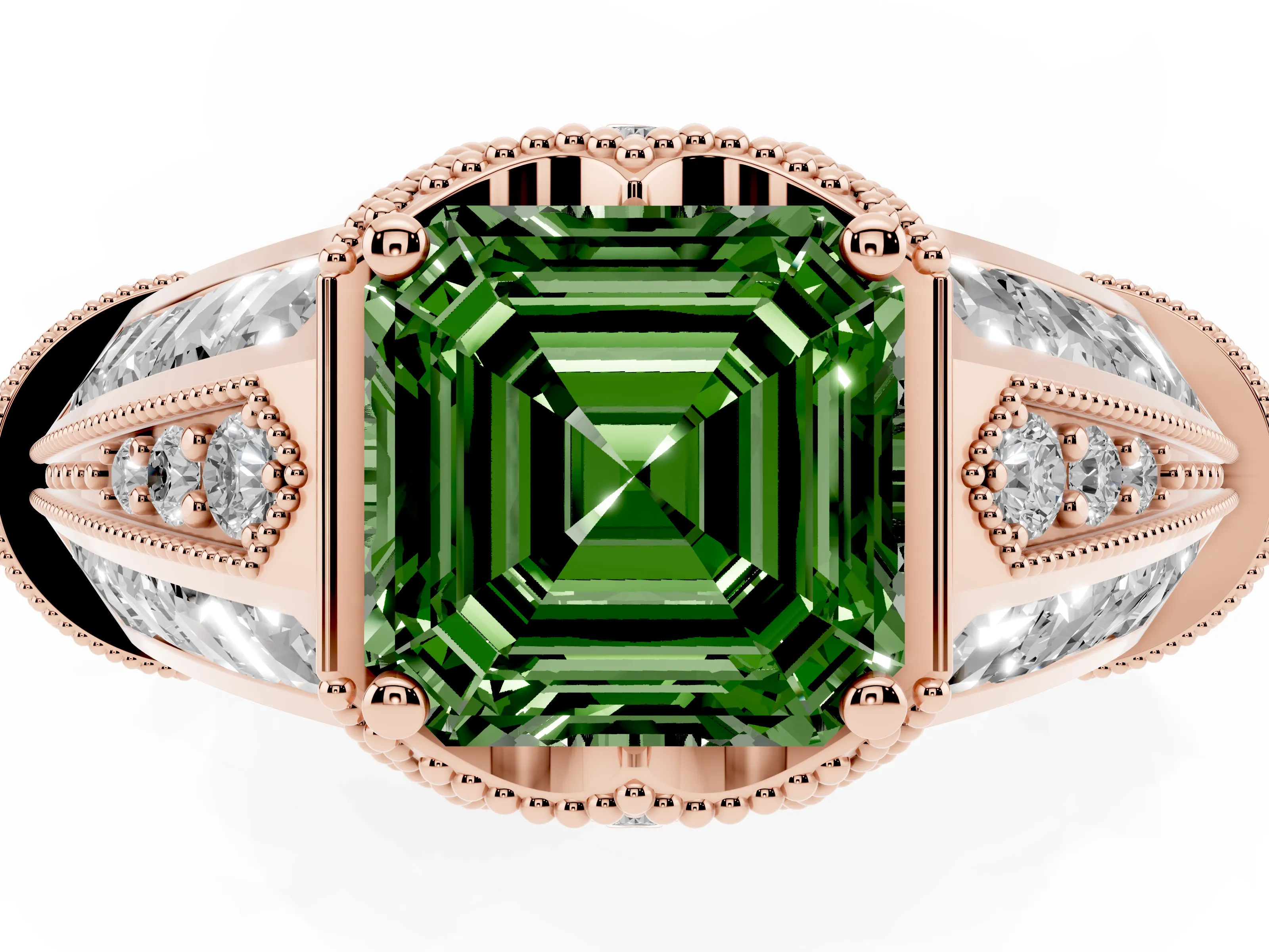 Fancy Green Asscher Cut Diamond Vintage-Inspired Milgrain Ring Set in Rose gold with Accent Split Shank