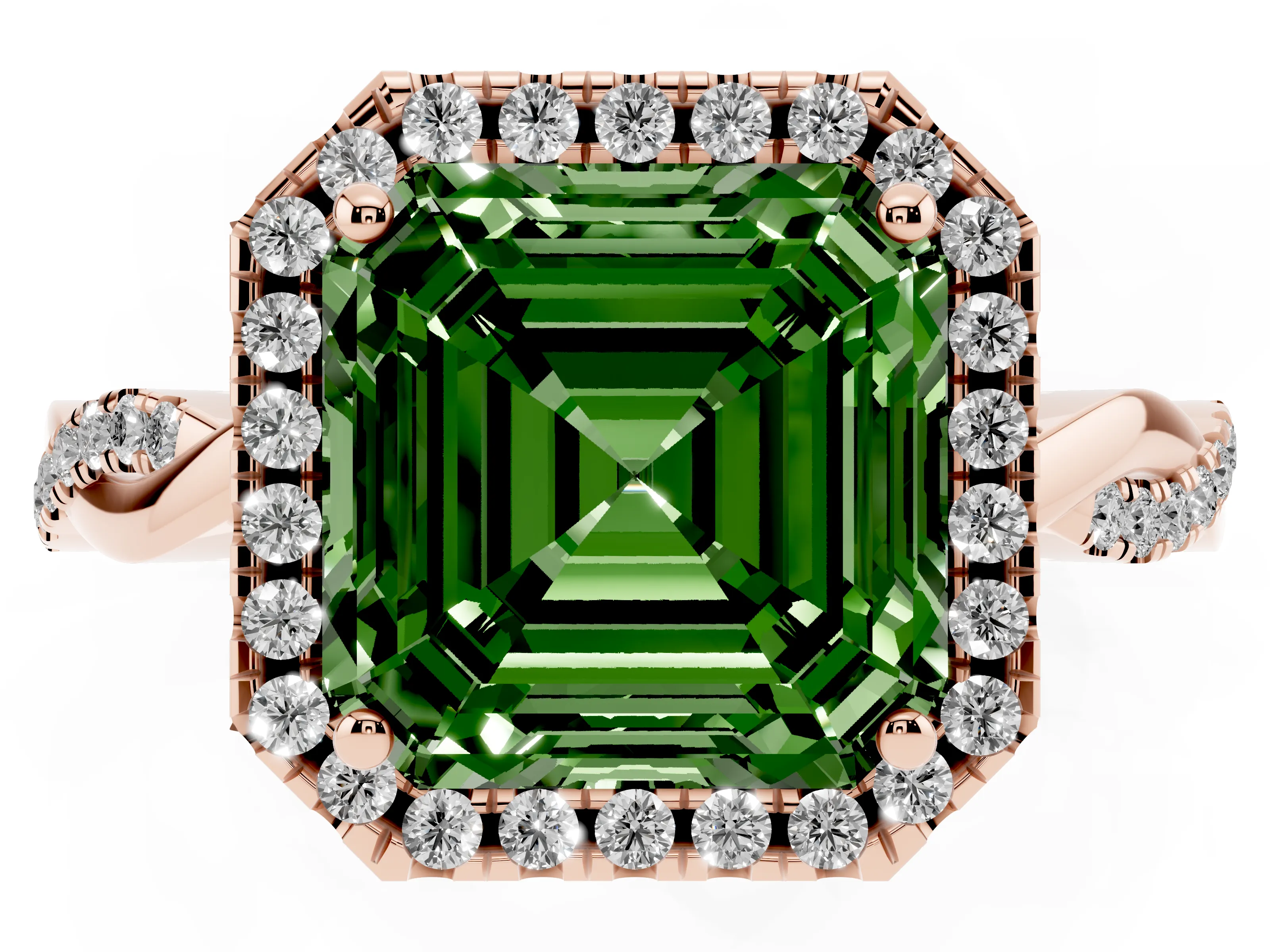 Fancy Green Asscher Cut Diamond Halo Twisted Band Ring Set in Rose gold with Prong Setting