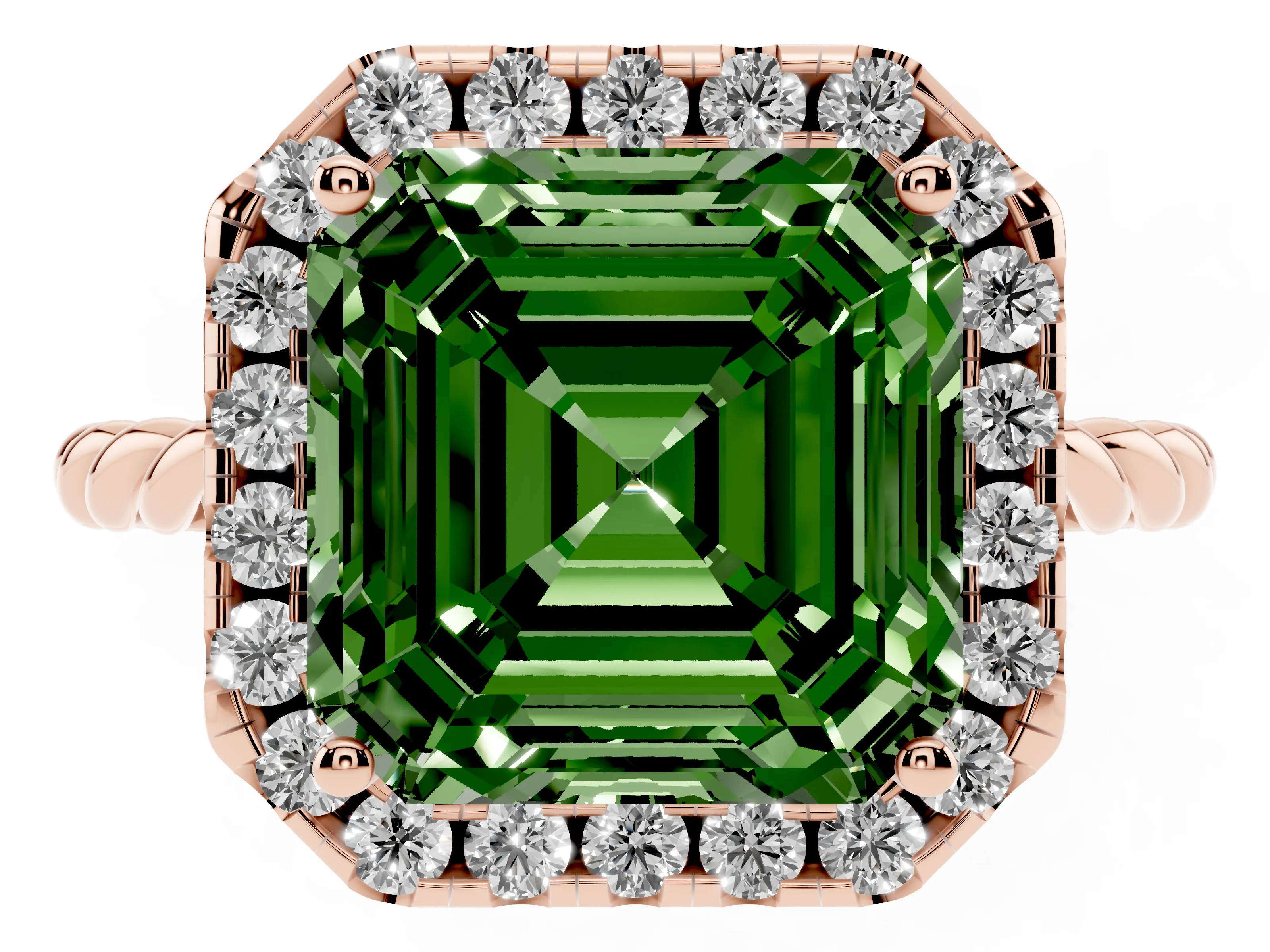 Fancy Green Asscher Cut Diamond Halo Ring Set in Rose gold with Plain Twisted Band