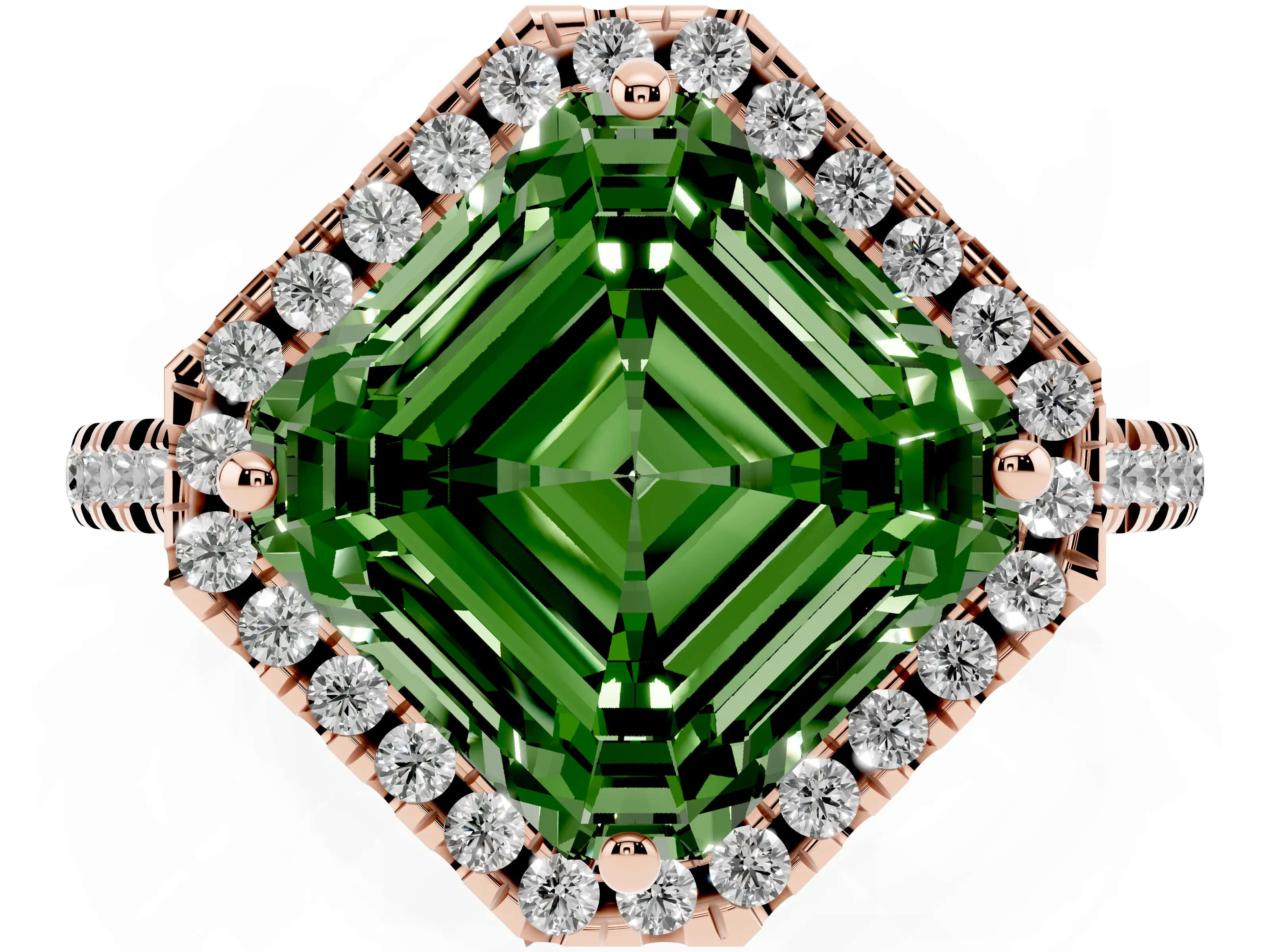 Fancy Green Asscher Cut Diamond Cushion Halo Ring Set in Rose gold with Pavé Band