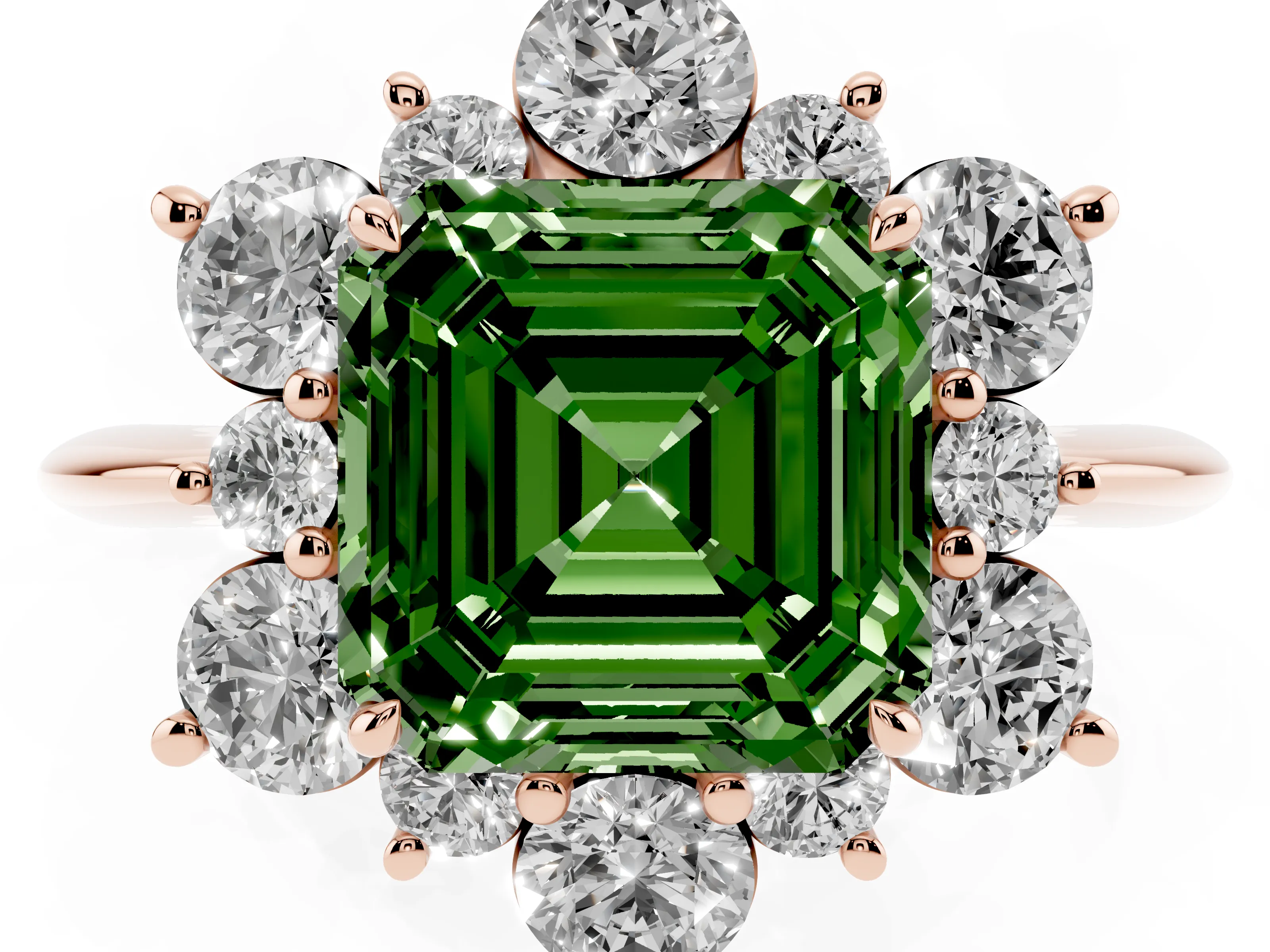 Fancy Green Asscher Cut Diamond Cluster Halo Ring Set in Rose gold with Solitaire Band and Prong Setting