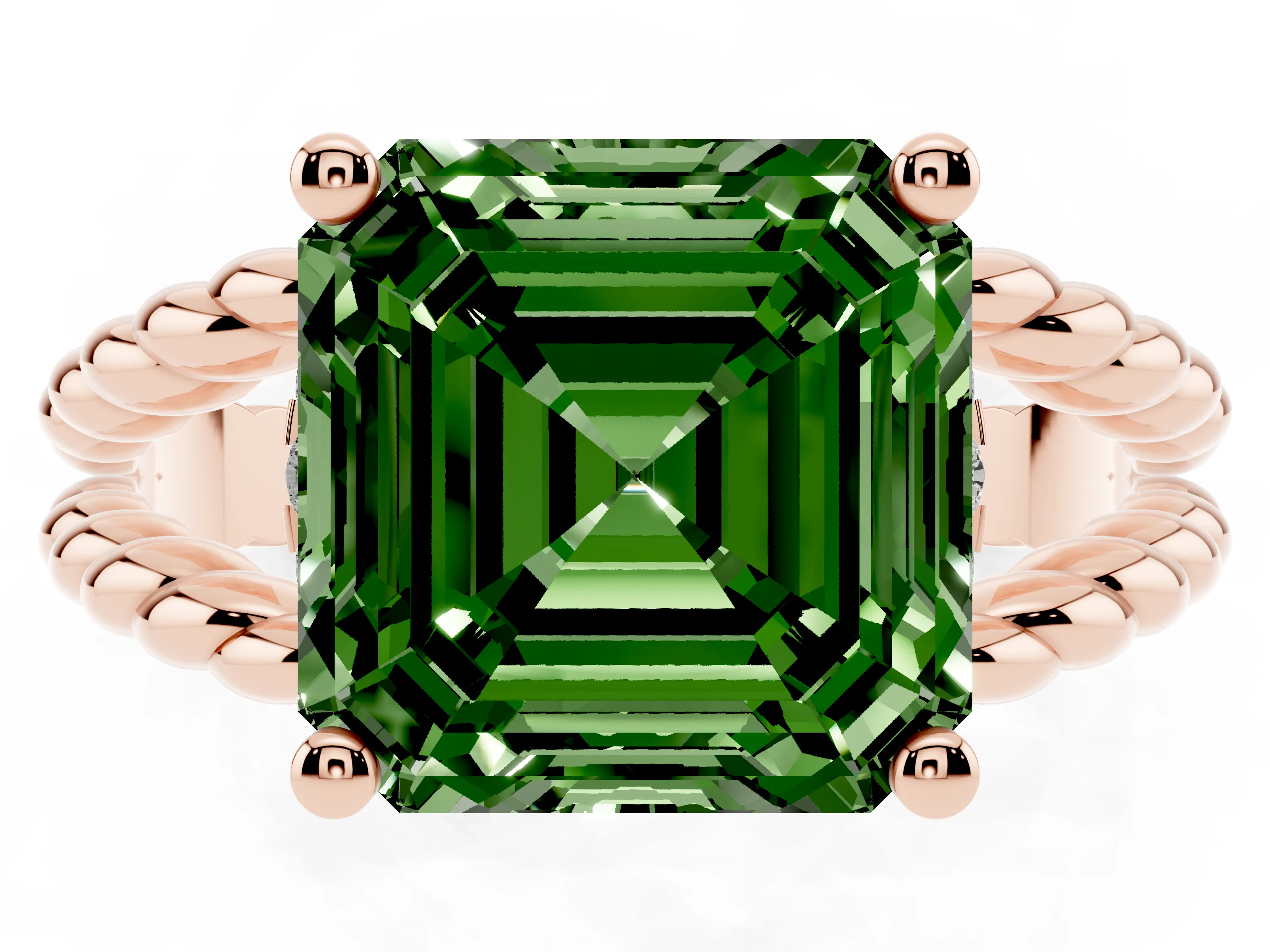 Fancy Green Asscher Cut Diamond Halo Ring Set in Rose gold with Twisted Band and Prong Setting