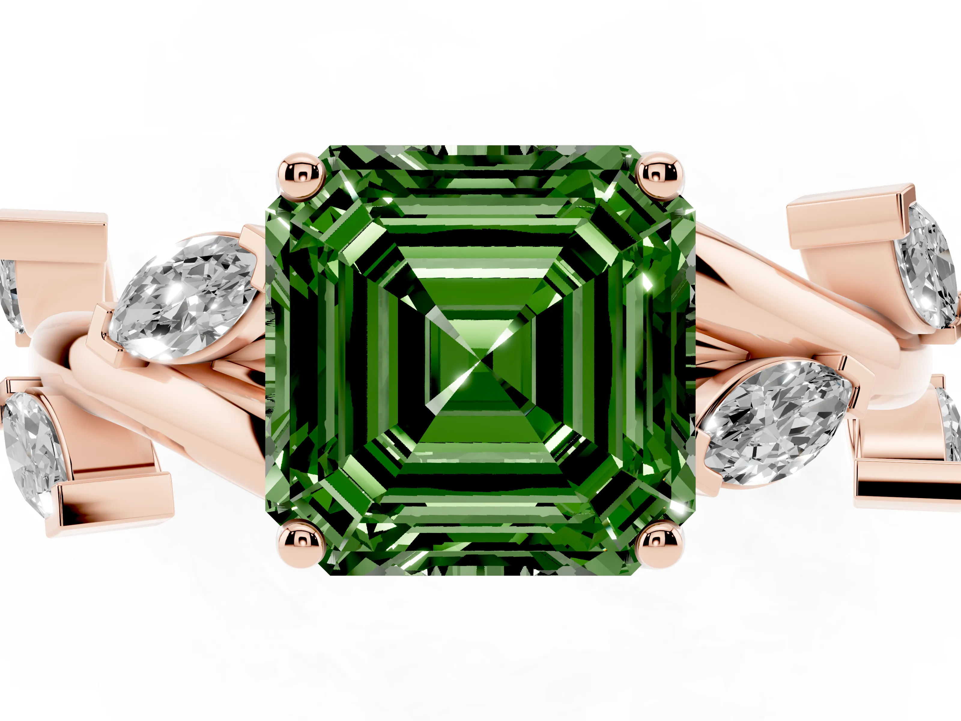 Fancy Green Asscher Cut Diamond Solitaire Ring Set in Rose gold with Twisted Marquise Accent Band