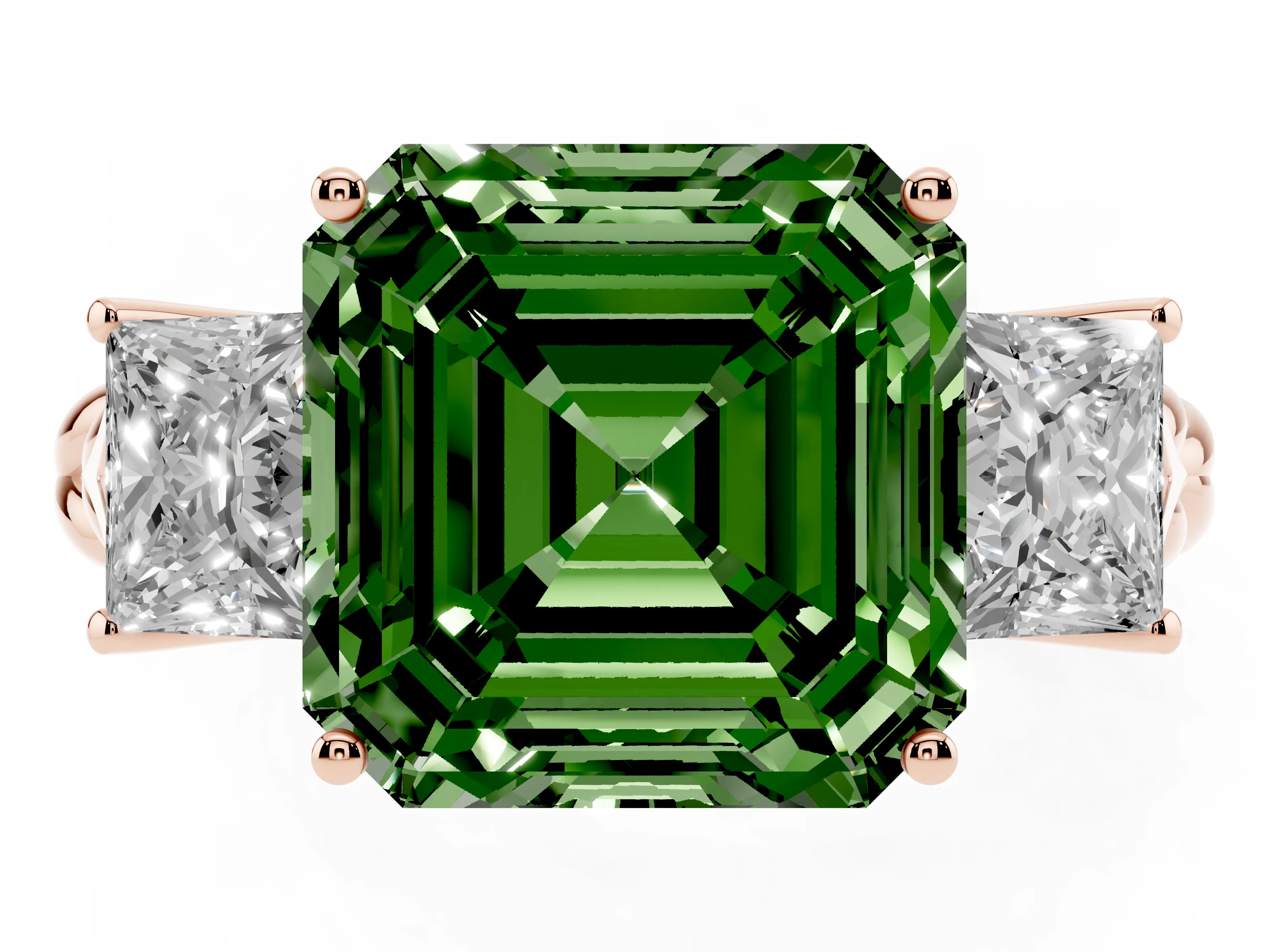 Fancy Green Asscher Cut Diamond Three-Stone Ring Set in Rose gold with Braided Band