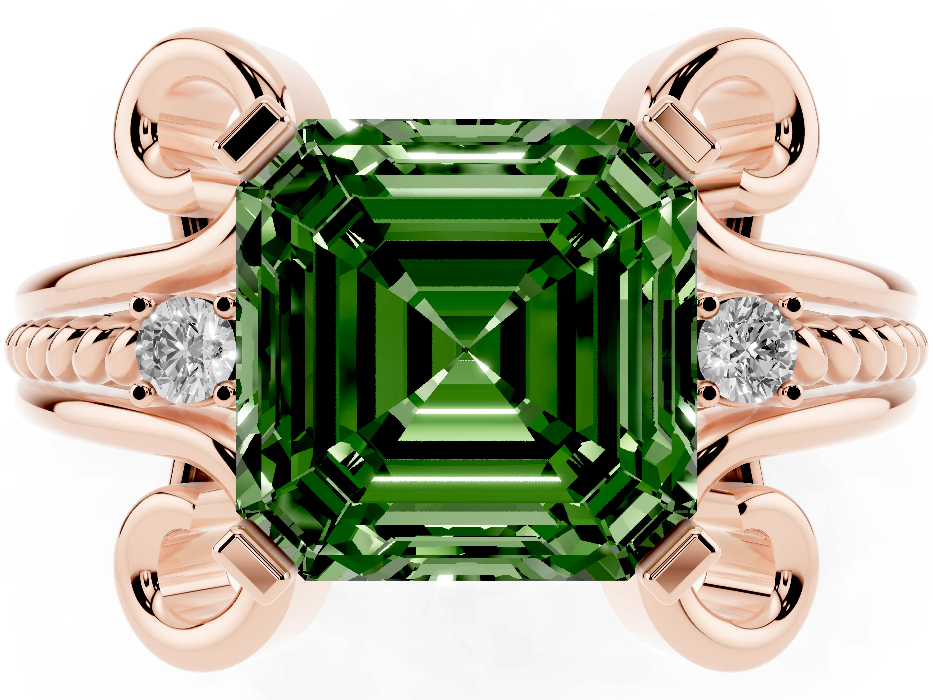 Fancy Green Asscher Cut Diamond Twisted Band Solitaire Ring Set in Rose gold with Scroll Prongs