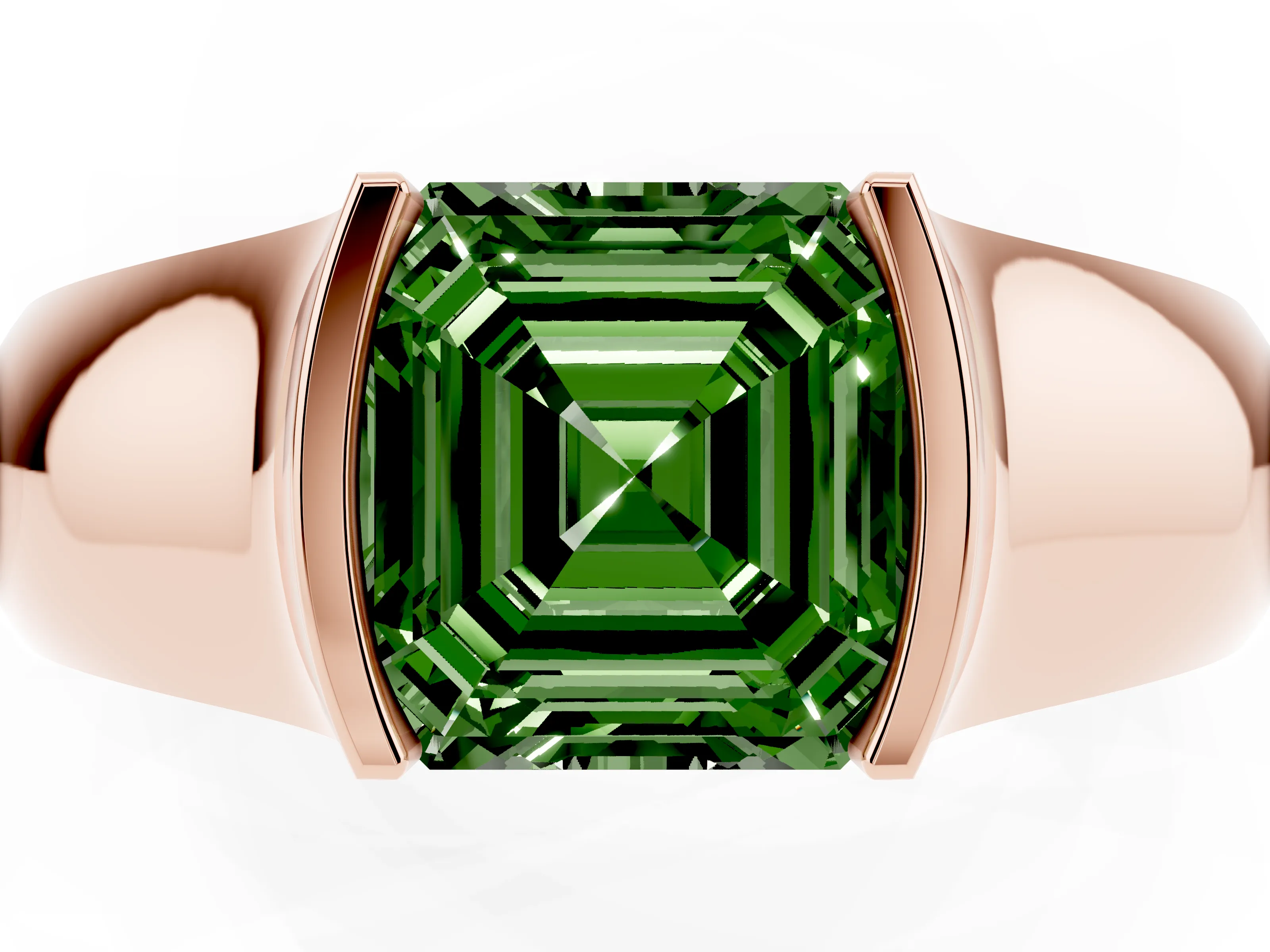 Fancy Green Asscher Cut Diamond Bezel Solitaire Ring Set in Rose gold with Wide Band