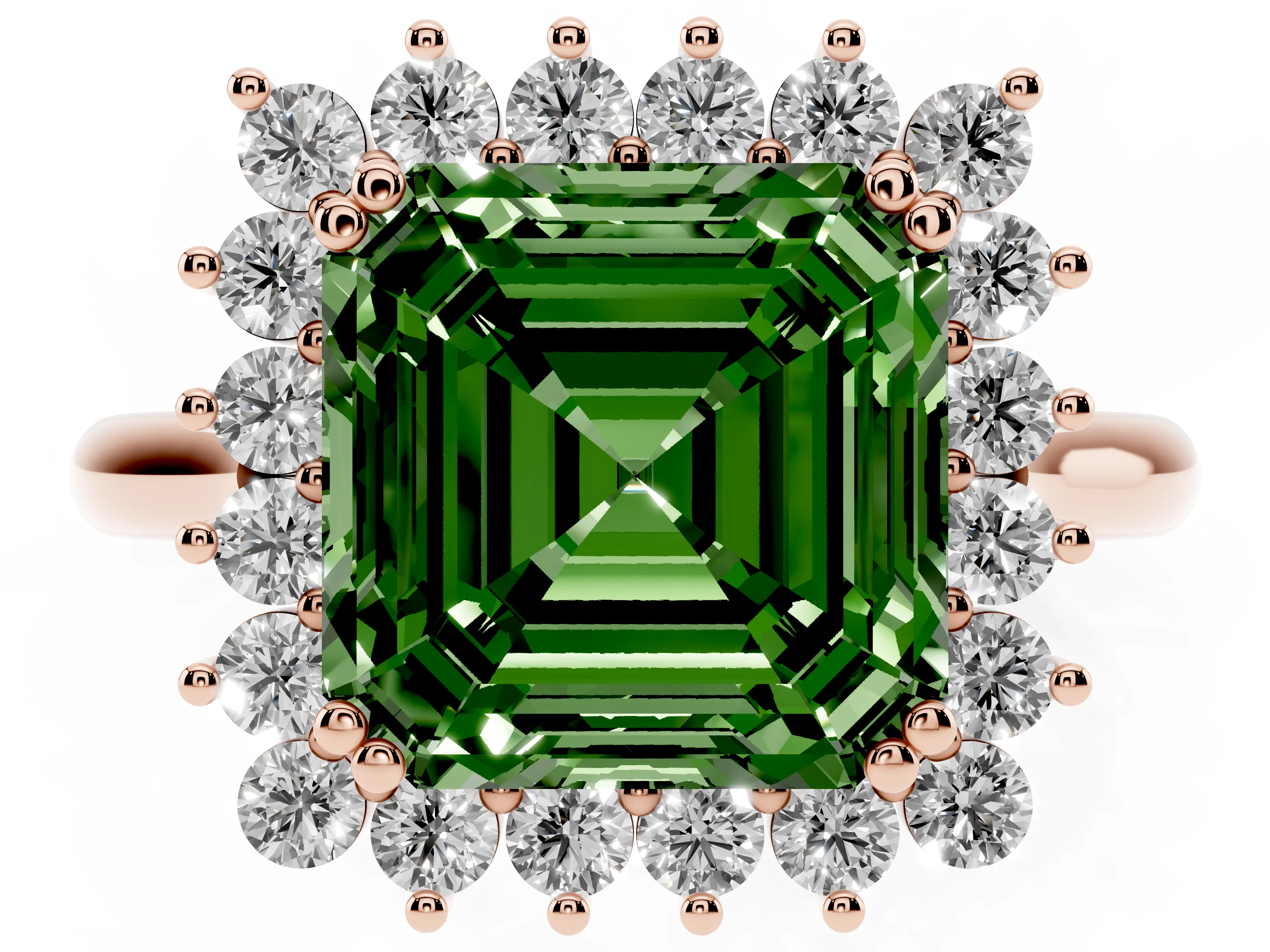 Fancy Green Asscher Cut Diamond Halo Ring Set in Rose gold with Plain Solitaire Band and Prong Setting