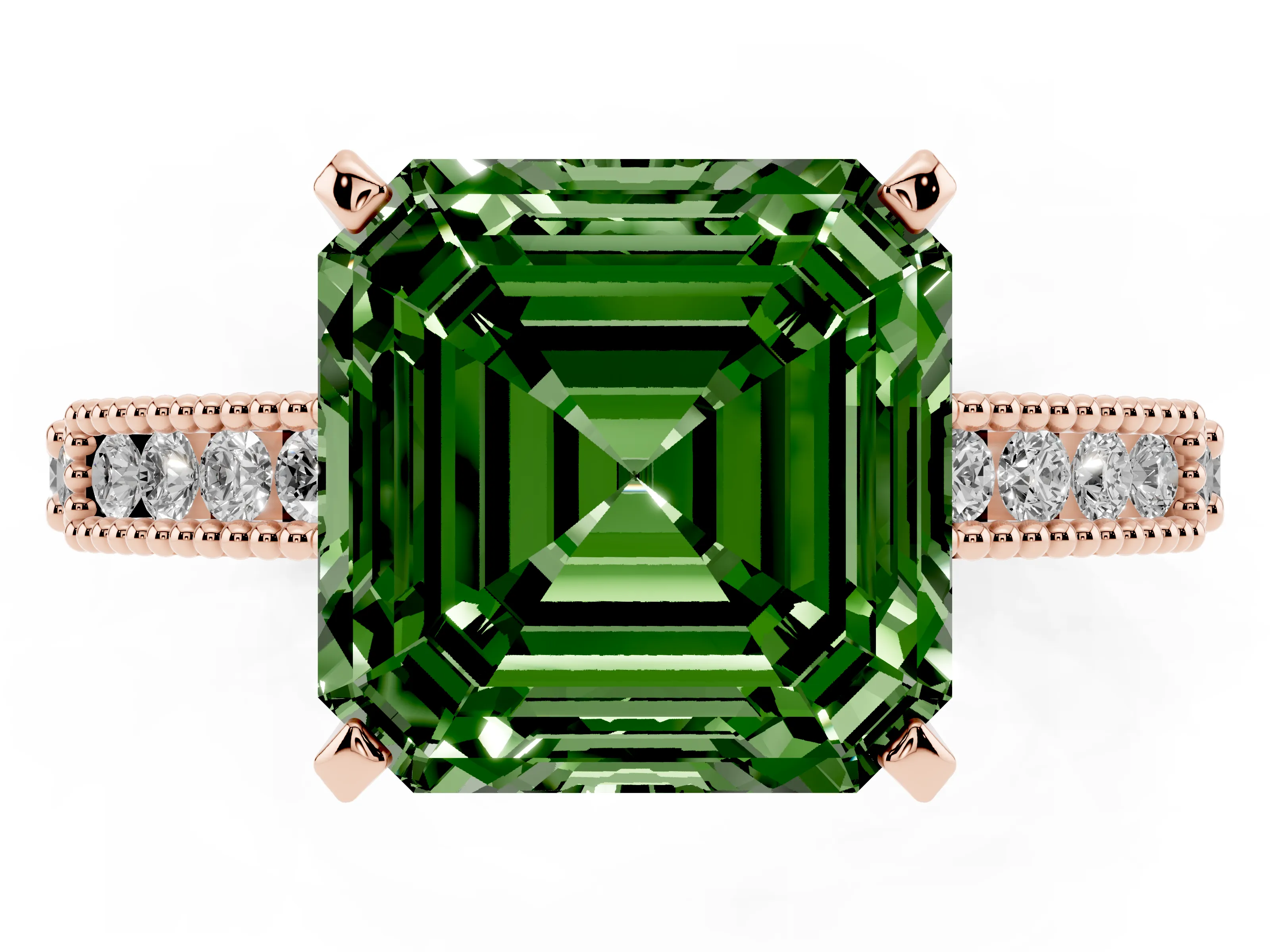 Fancy Green Asscher Cut Diamond Solitaire Ring Set in Rose gold with Slim Pavé Band and Prong Setting