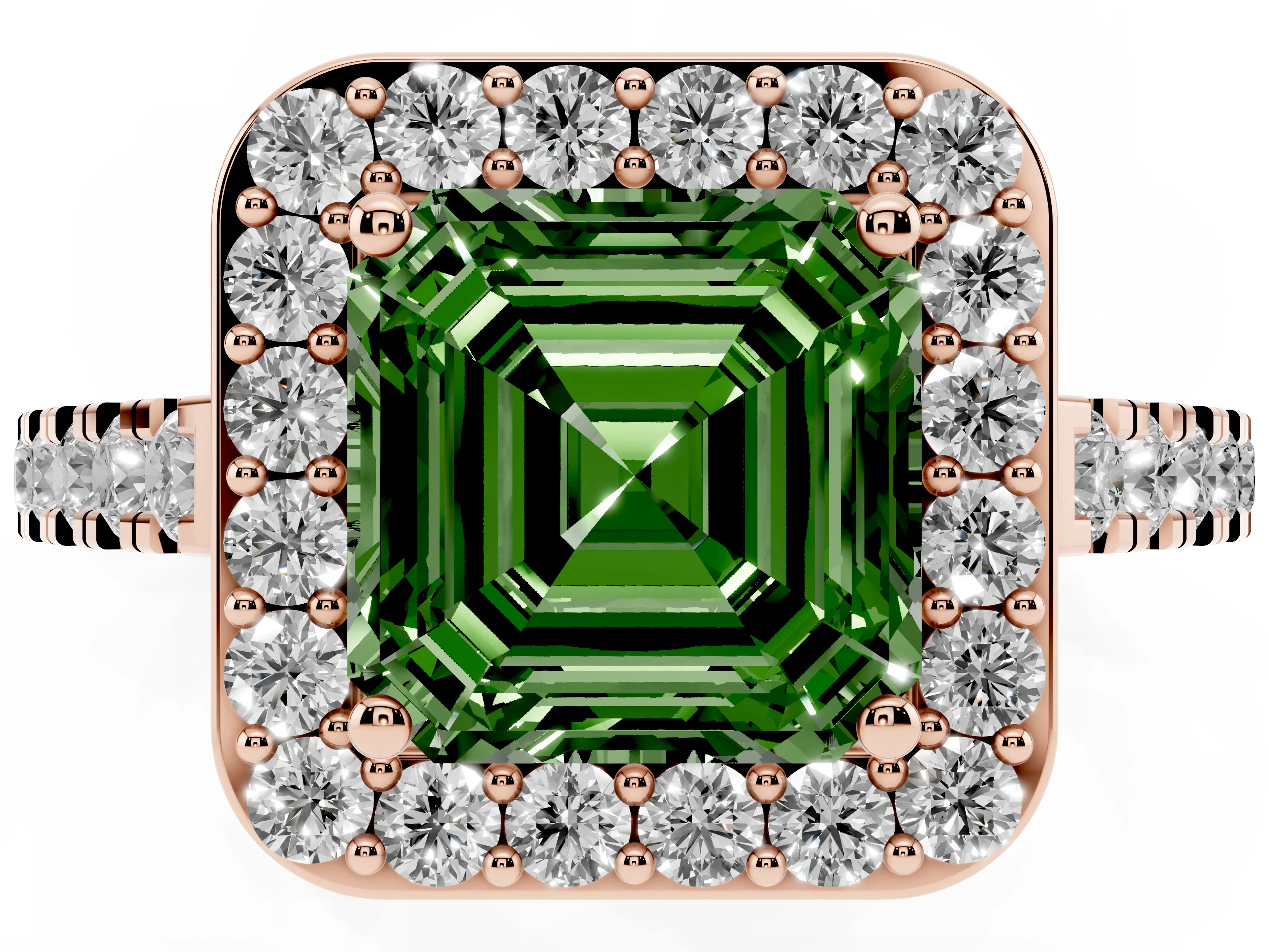 Fancy Green Asscher Cut Diamond Halo Ring Set in Rose gold with Round Pavé Split Shank and Prong Setting