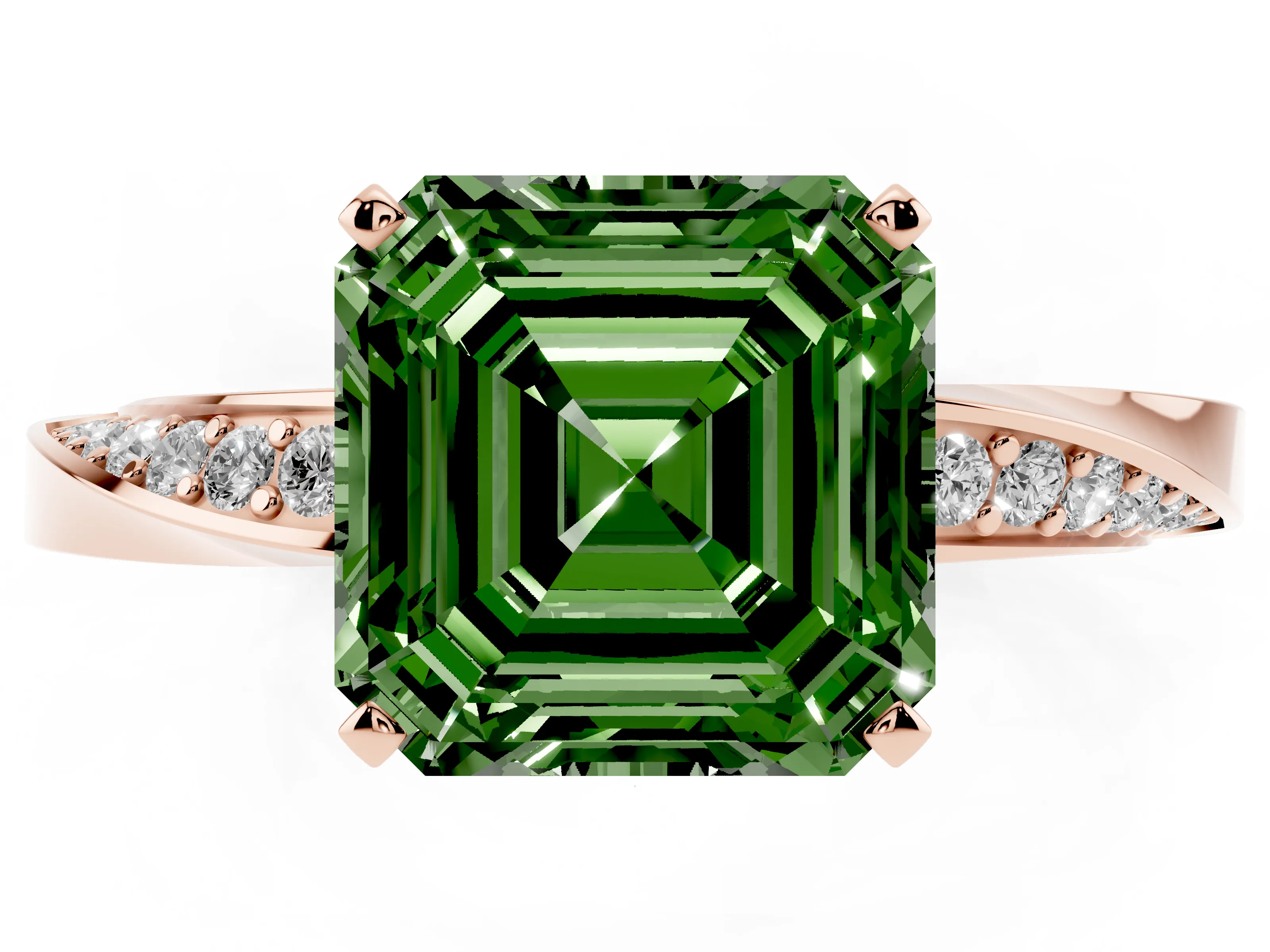 Fancy Green Asscher Cut Diamond Engagement Ring Set in Rose gold with Side Stone Accents and Prong Setting