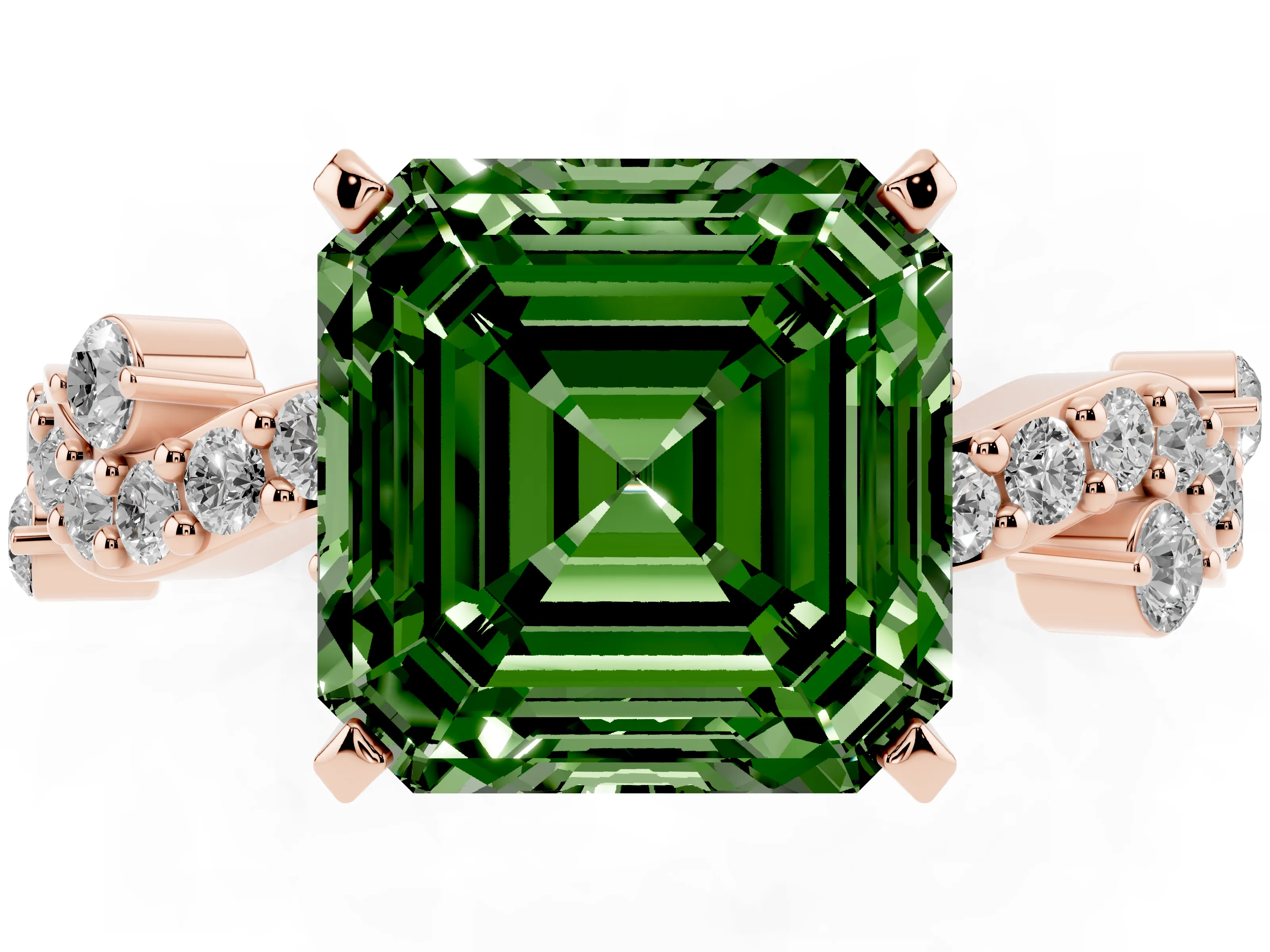 Fancy Green Asscher Cut Diamond Solitaire Twisted Band Set in Rose gold with Pavé Setting