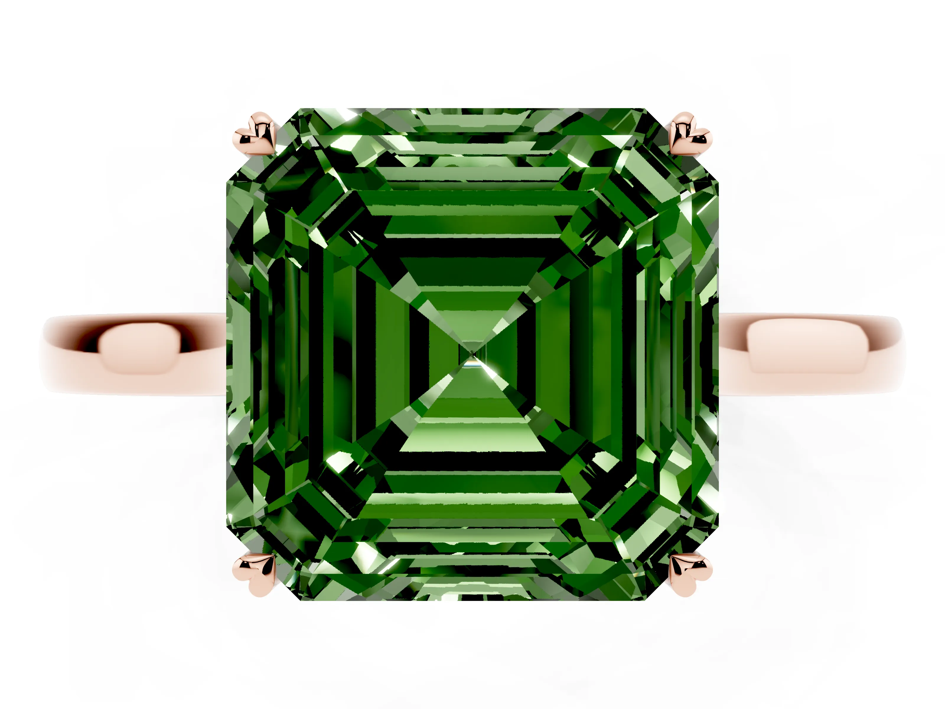 Fancy Green Asscher Cut Diamond Solitaire Heart Prong Engagement Ring Set in Rose gold with Tapered Band