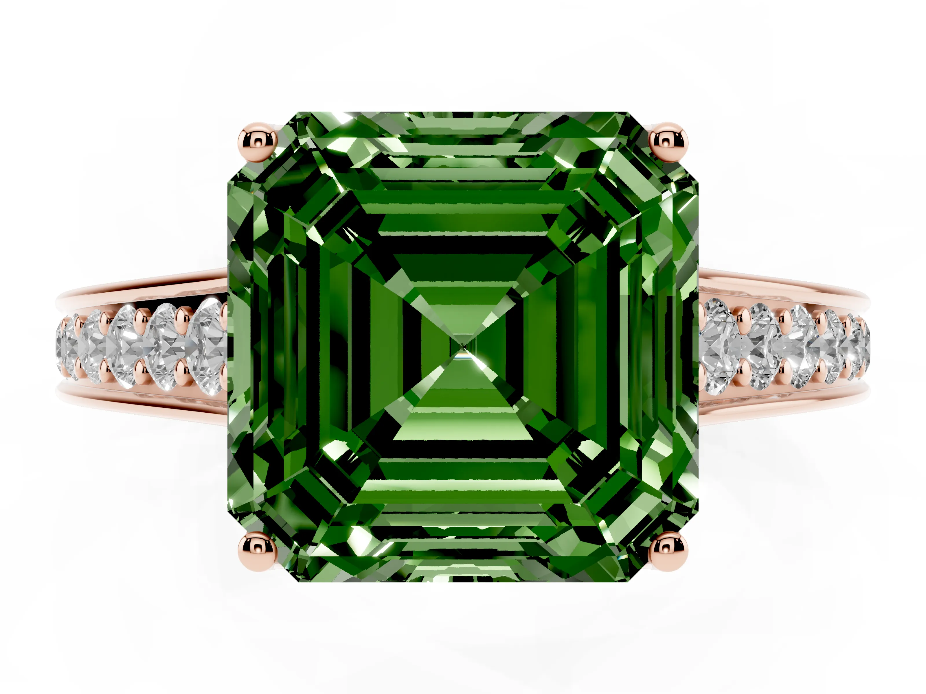 Fancy Green Asscher Cut Diamond Solitaire Pavé Engagement Ring Set in Rose gold with Prong Setting