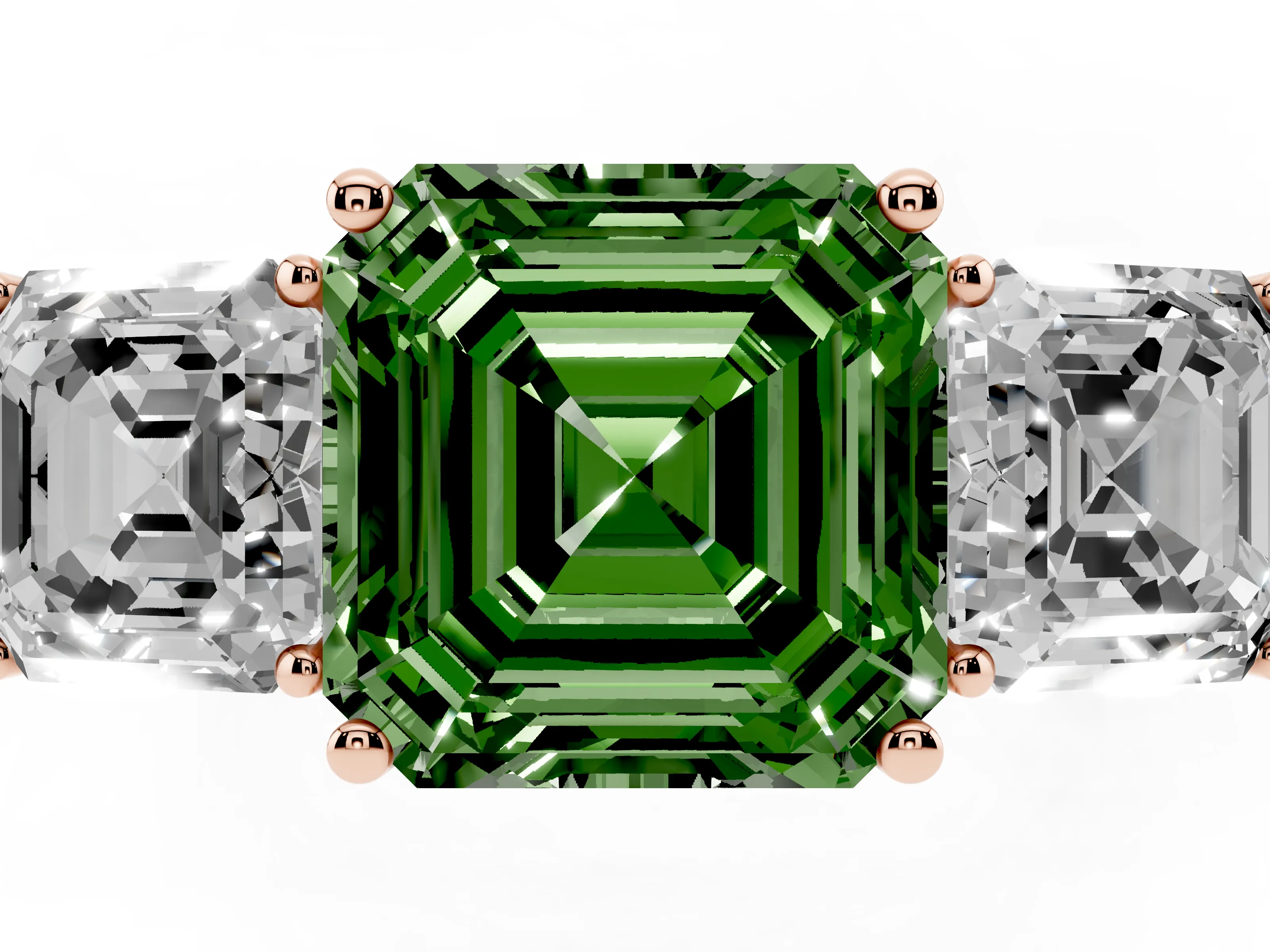 Fancy Green Asscher Cut Diamond Three-Stone Engagement Ring Set in Rose gold with Flat Band