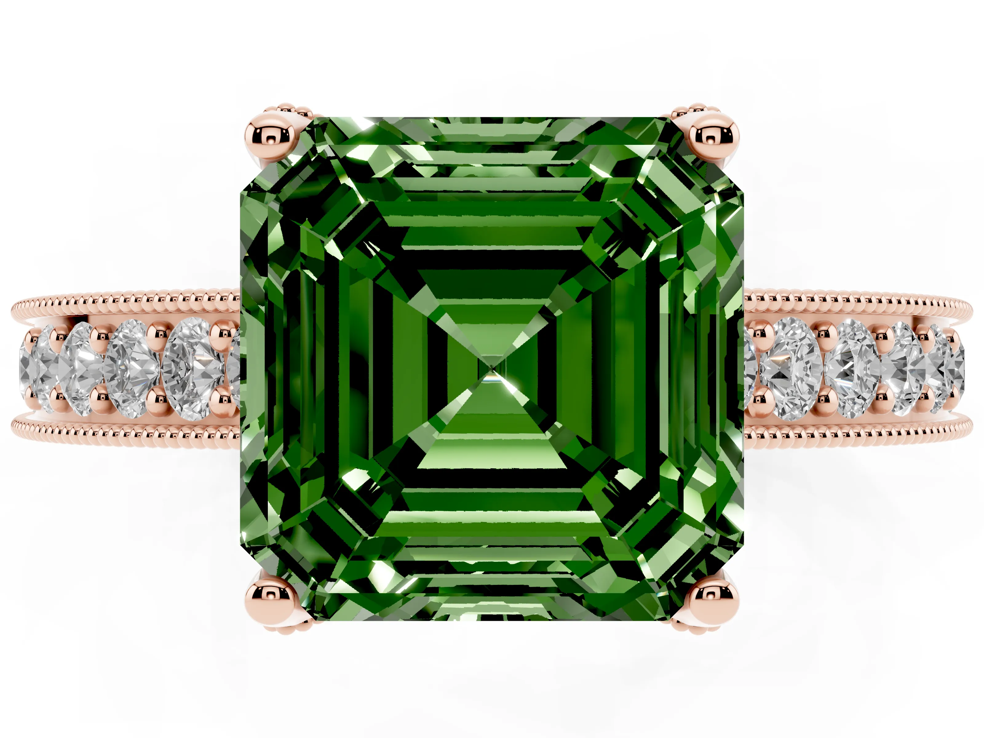 Fancy Green Asscher Cut Diamond Solitaire Ring Set in Rose gold with Milgrain-Edged Pavé Band and Prong Setting