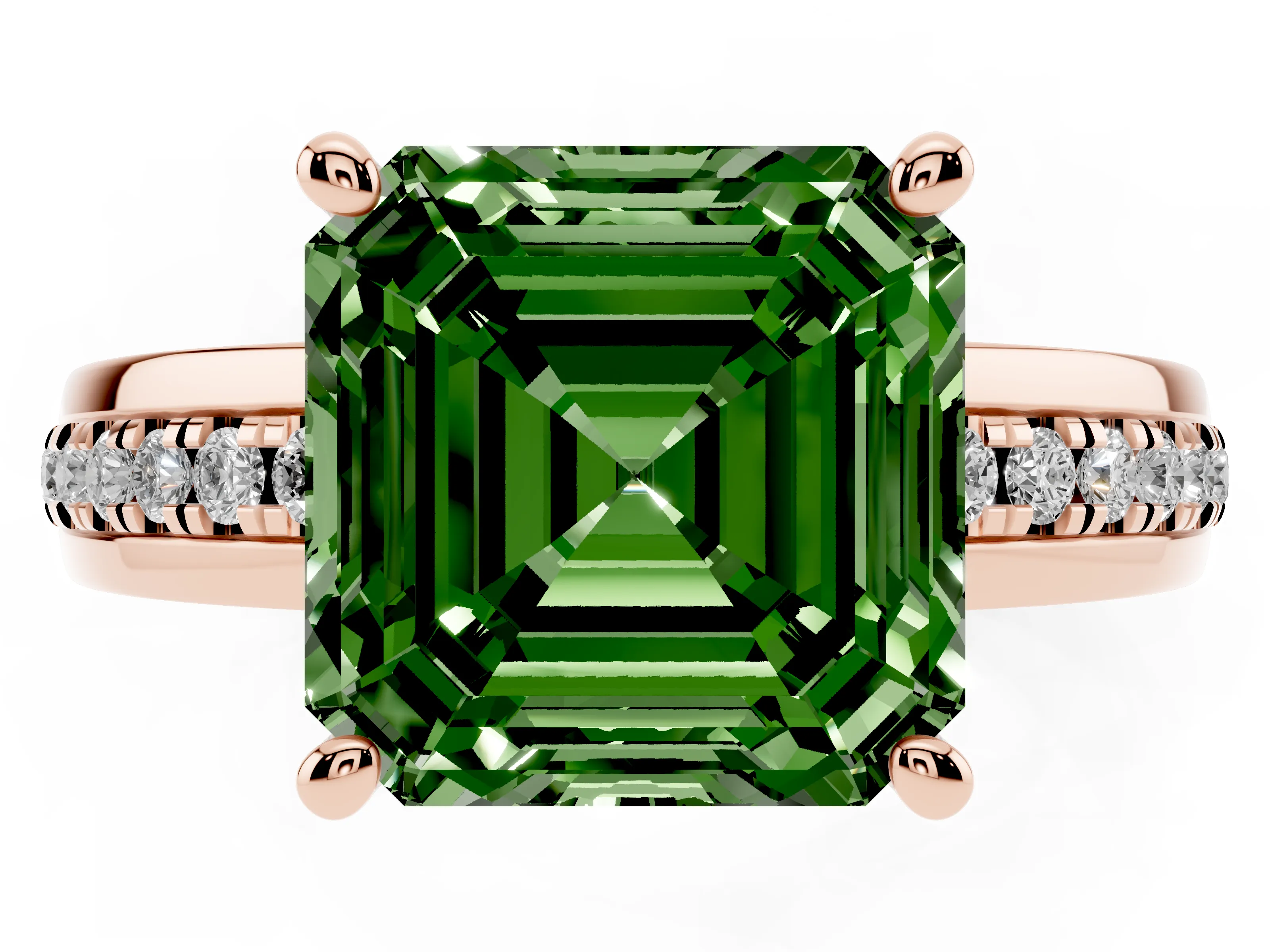 Fancy Green Asscher Cut Diamond Solitaire Ring Set in Rose gold with Channel Set Band and Prong Setting