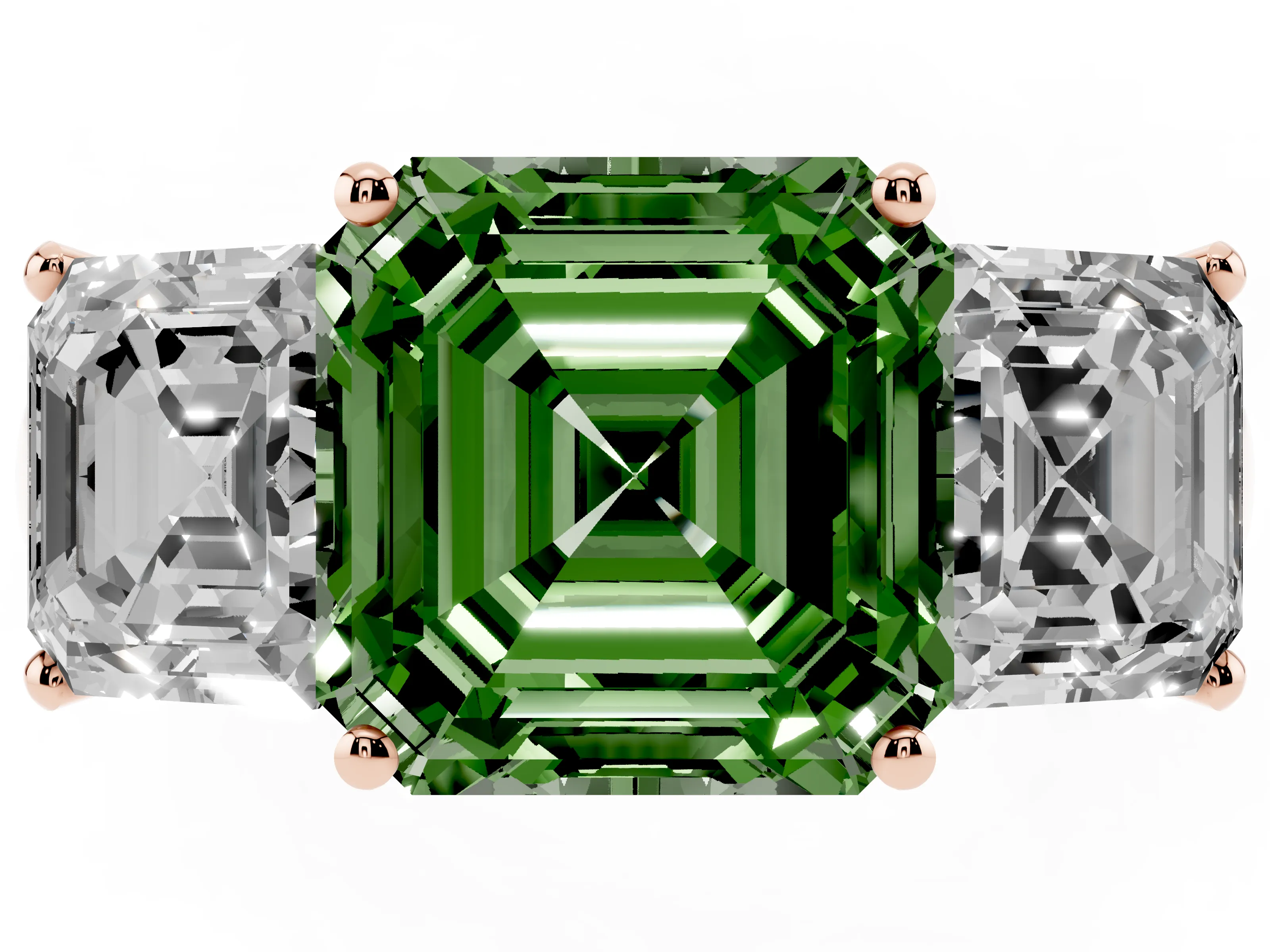 Fancy Green Asscher Cut Diamond Three-Stone Ring Set in Rose gold with Classic Prong Setting and Plain Band