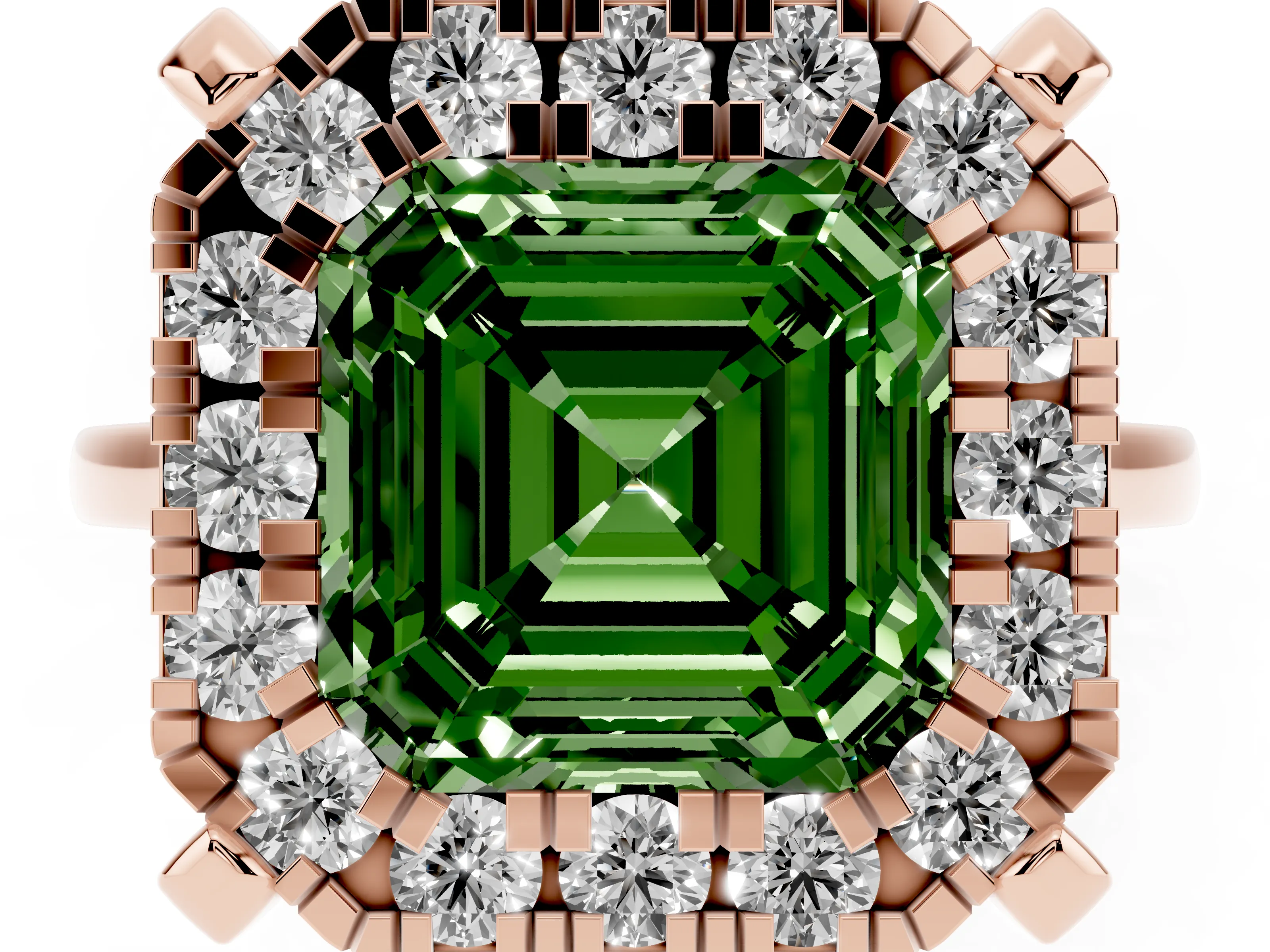 Fancy Green Asscher Cut Diamond Cluster Halo Solitaire Ring Set in Rose gold with Prong Setting