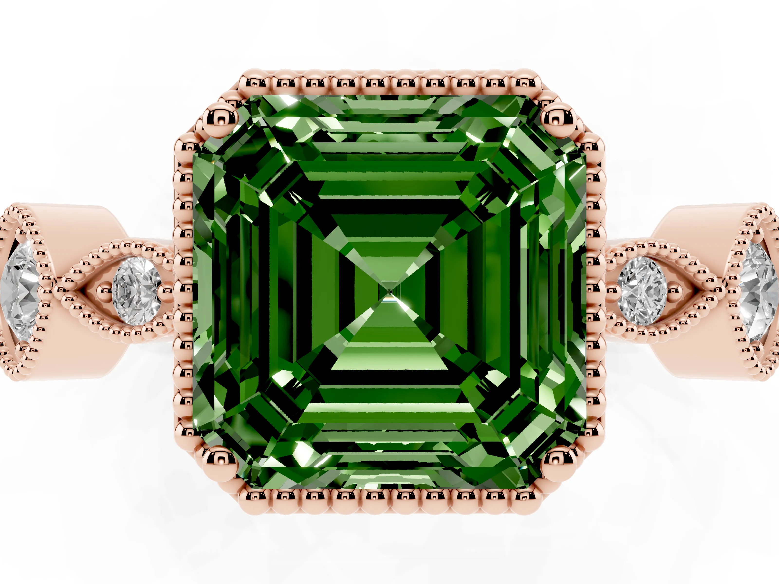 Fancy Green Asscher Cut Diamond Vintage-Inspired Milgrain Ring Set in Rose gold with Marquise Stations of Round Accents