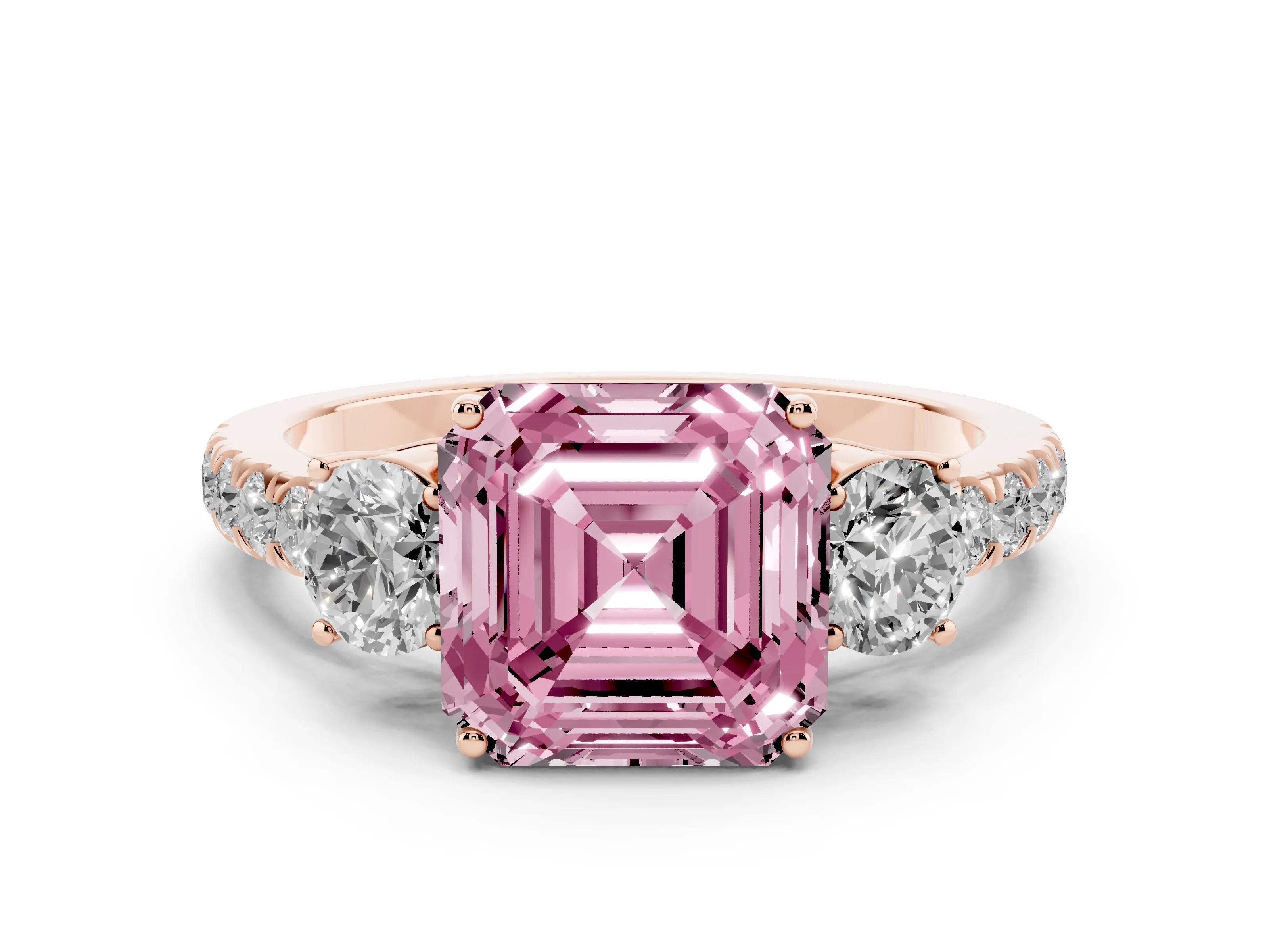 Fancy Pink Asscher Cut Diamond Three-Stone Ring Set in Rose gold with Round Side Stones and Delicate Pavé Band