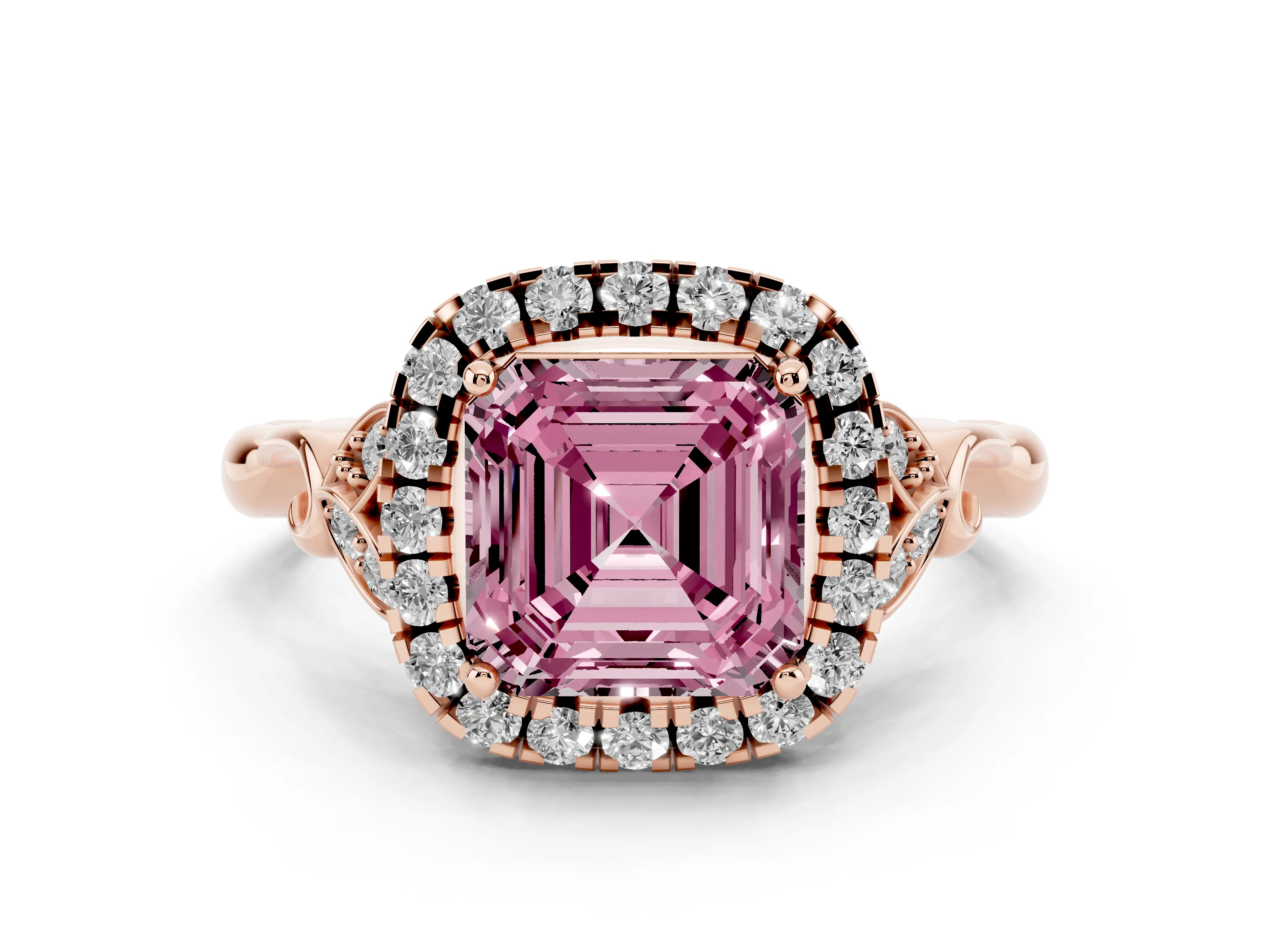 Fancy Pink Asscher Cut Diamond Halo Engagement Ring Set in Rose gold with Vintage-Inspired Band and Prong Setting