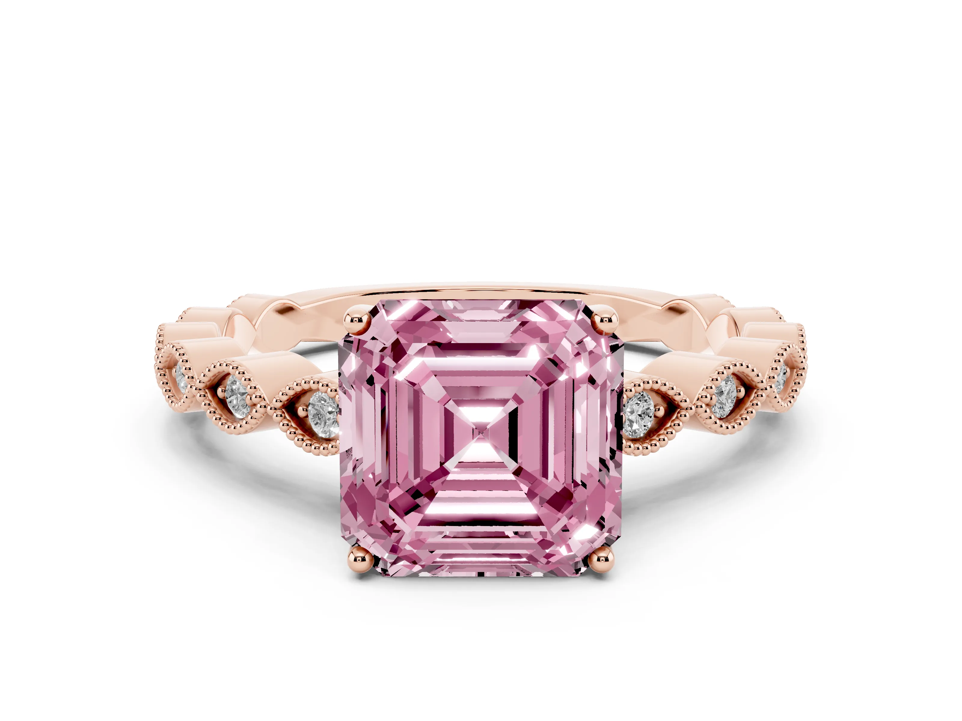 Fancy Pink Asscher Cut Diamond Solitaire Ring Set in Rose gold with Infinity Twist Pavé Band