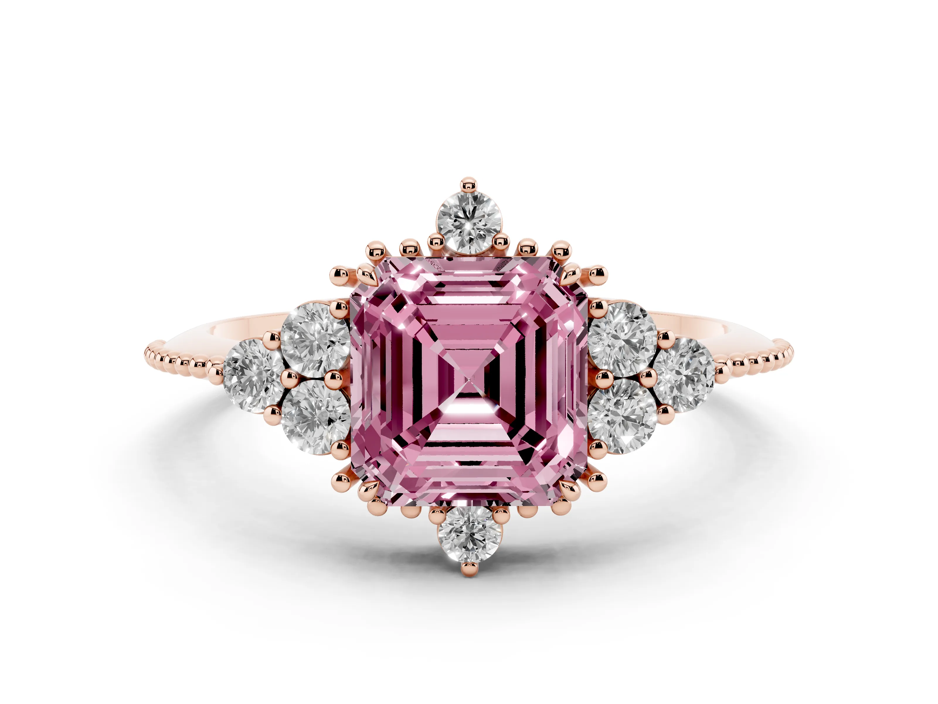 Fancy Pink Asscher Cut Diamond Cluster Ring Set in Rose gold with Beaded Band