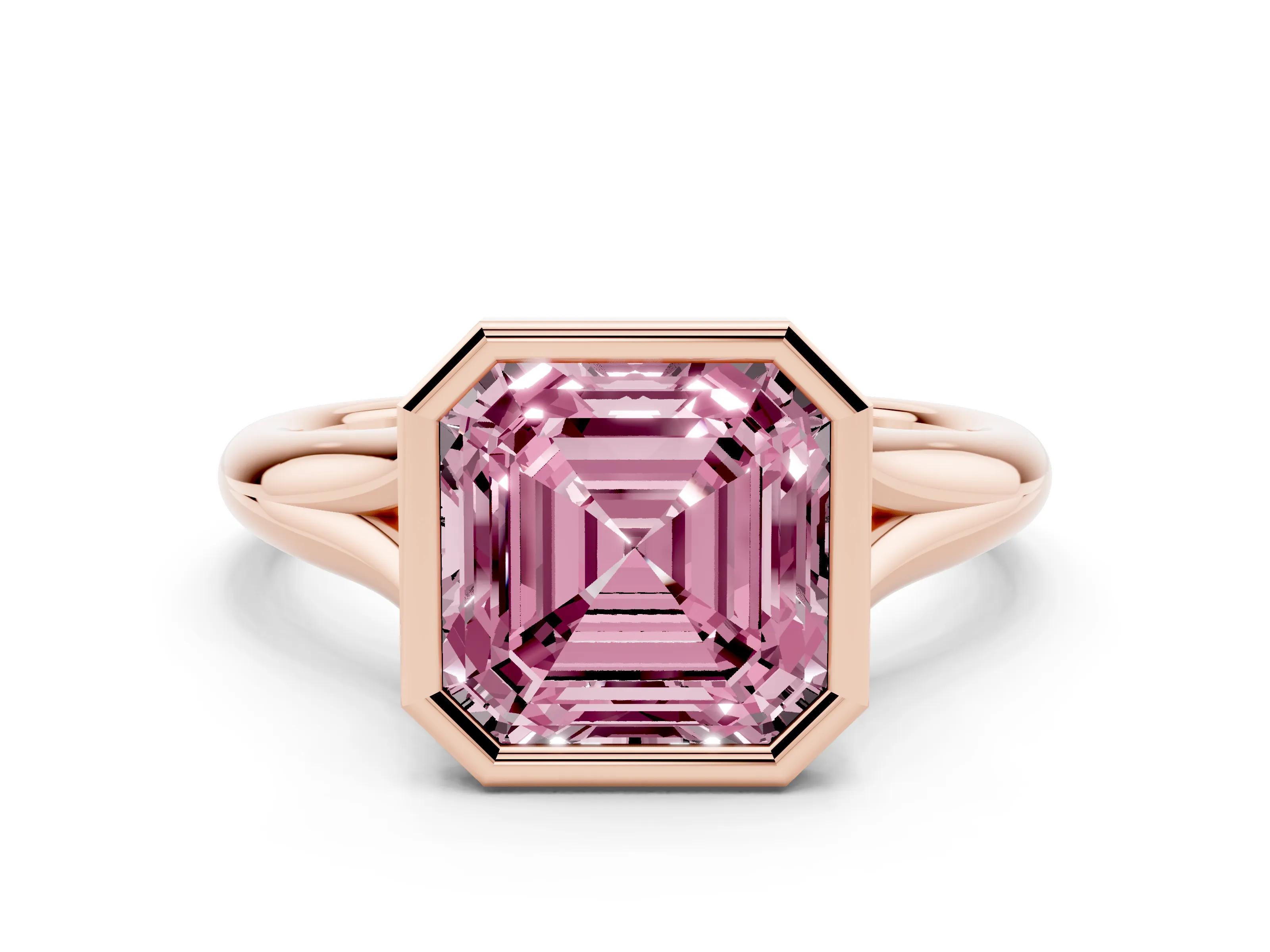 Fancy Pink Bezel Set Asscher Cut Diamond Solitaire Ring Set in Rose gold with Smooth Band