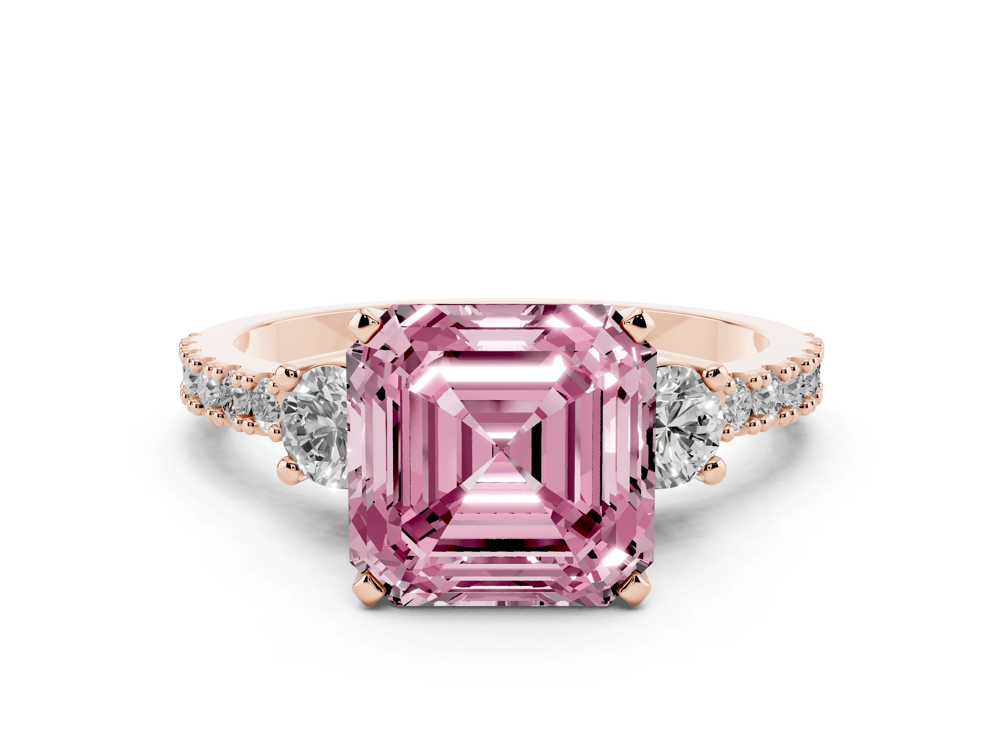 Fancy Pink Three-Stone Asscher Cut Diamond Pavé Band Ring Set in Rose gold with Prong Setting