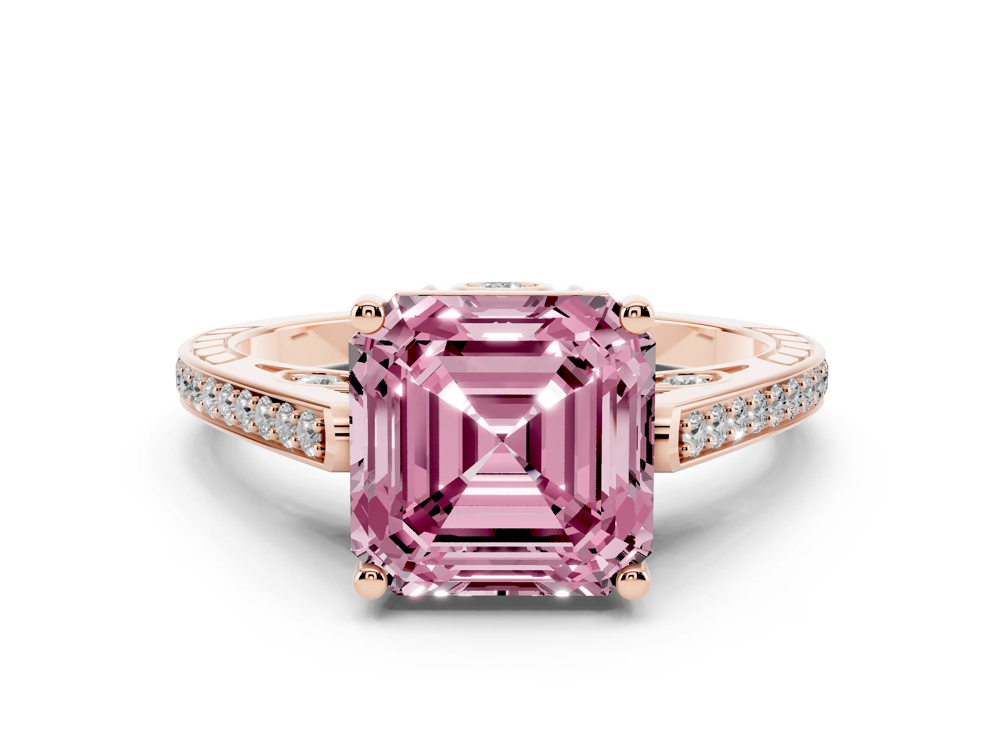 Fancy Pink Asscher Cut Diamond Cathedral Pavé Engagement Ring Set in Rose gold with Prong Setting