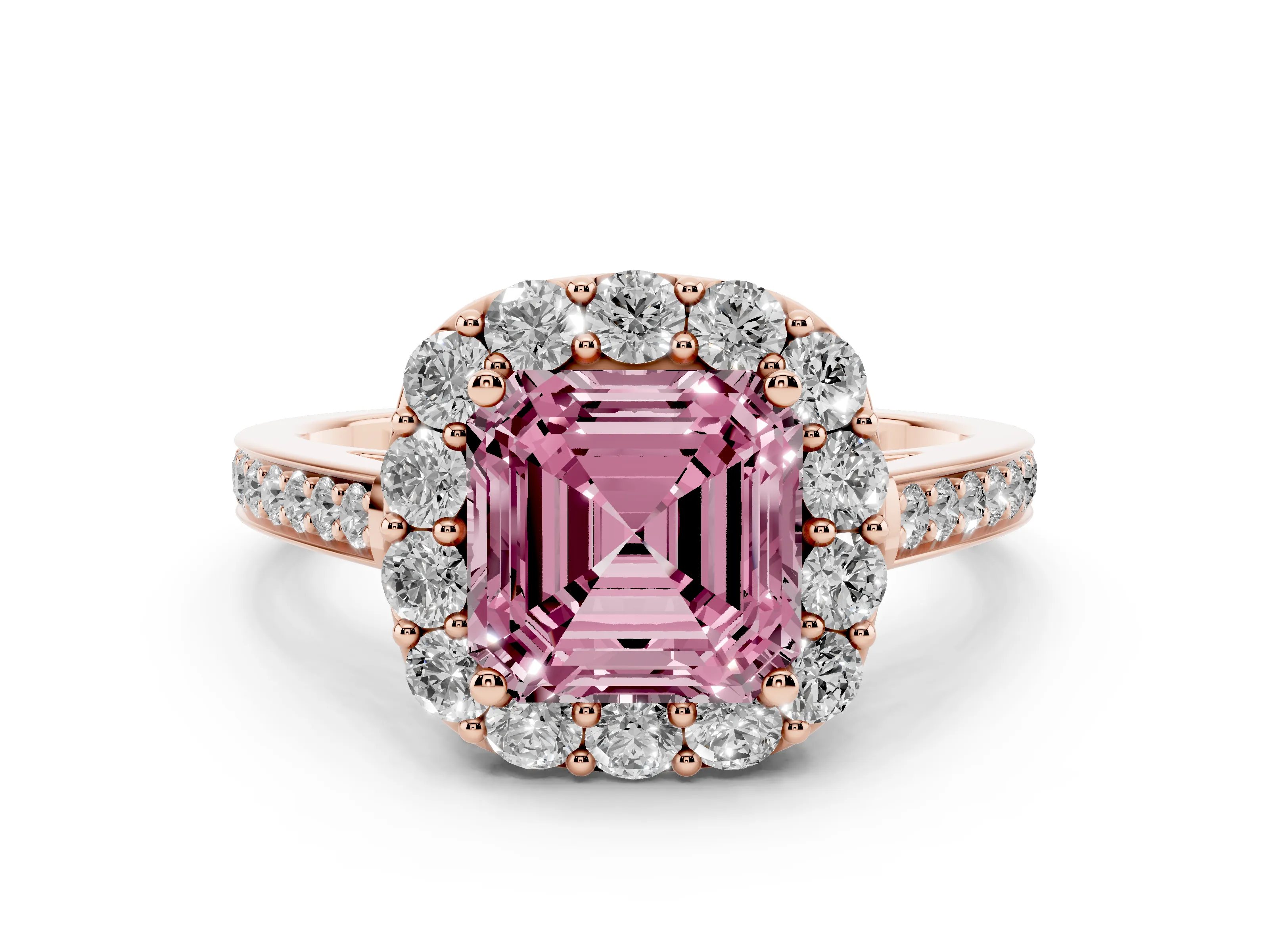 Fancy Pink Asscher Cut Diamond Floral Halo Ring Set in Rose gold with Pavé Band and Prong Setting